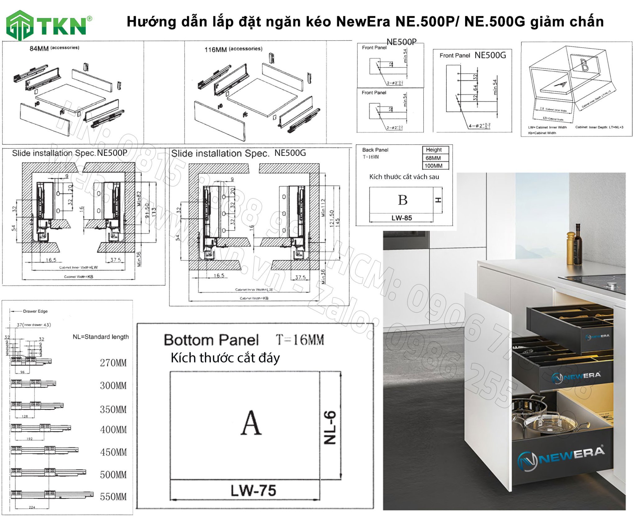 Ngăn kéo tủ bếp NewEra 30kg mở toàn phần giảm chấn NE.500P 6