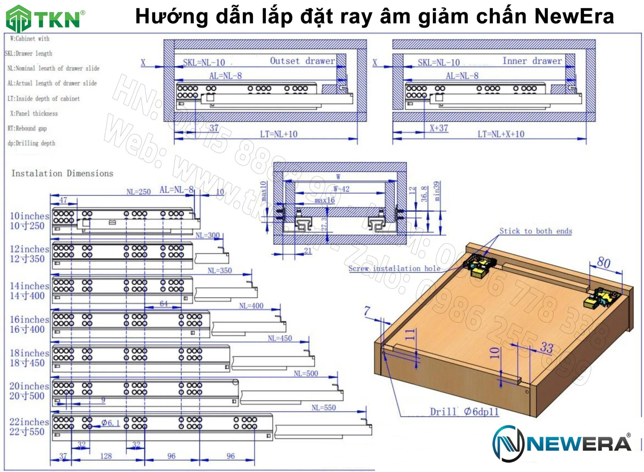 Ray trượt âm NewEra mở 3/4, 450mm NE366.450 1