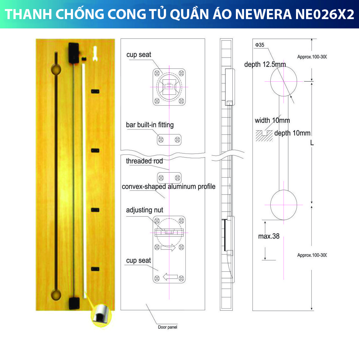Thanh chống cong cánh tủ áo NewEra dài 17 – 2m NE026X2 2