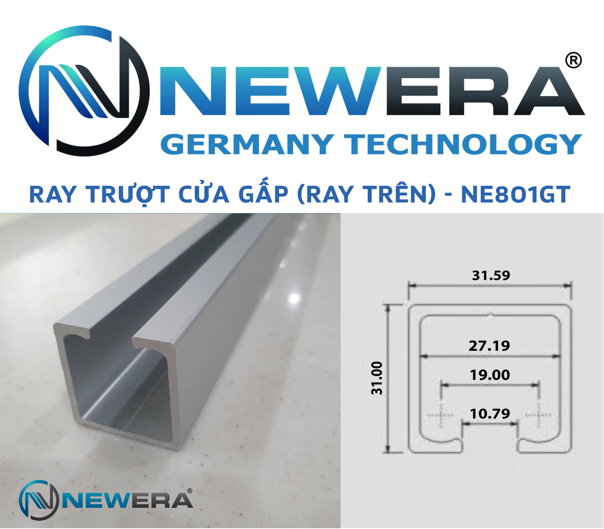 Ray trượt cửa gấp NewEra dài 2.5m ray trên NE801GT2 1