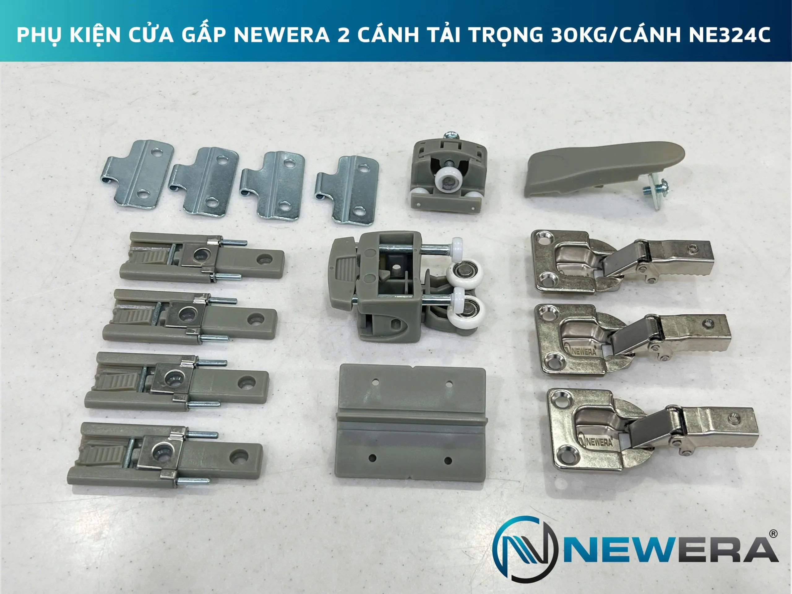Bộ phụ kiện cửa trượt gấp NewEra 2 cánh tải trọng 30kg/cánh NE324C