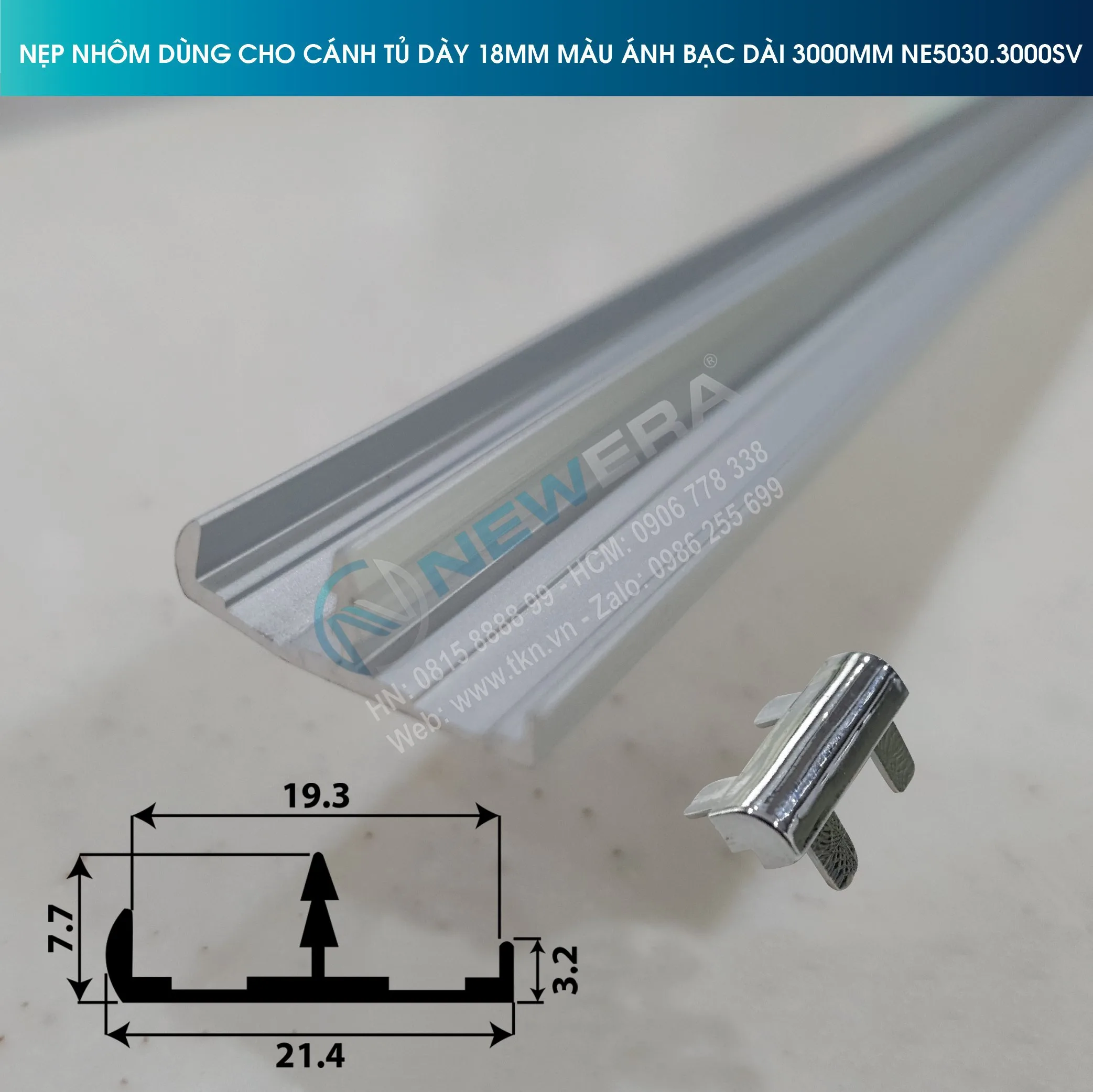 Nẹp nhôm bo cánh tủ dài 3m màu ánh bạc NE5030.3000SV