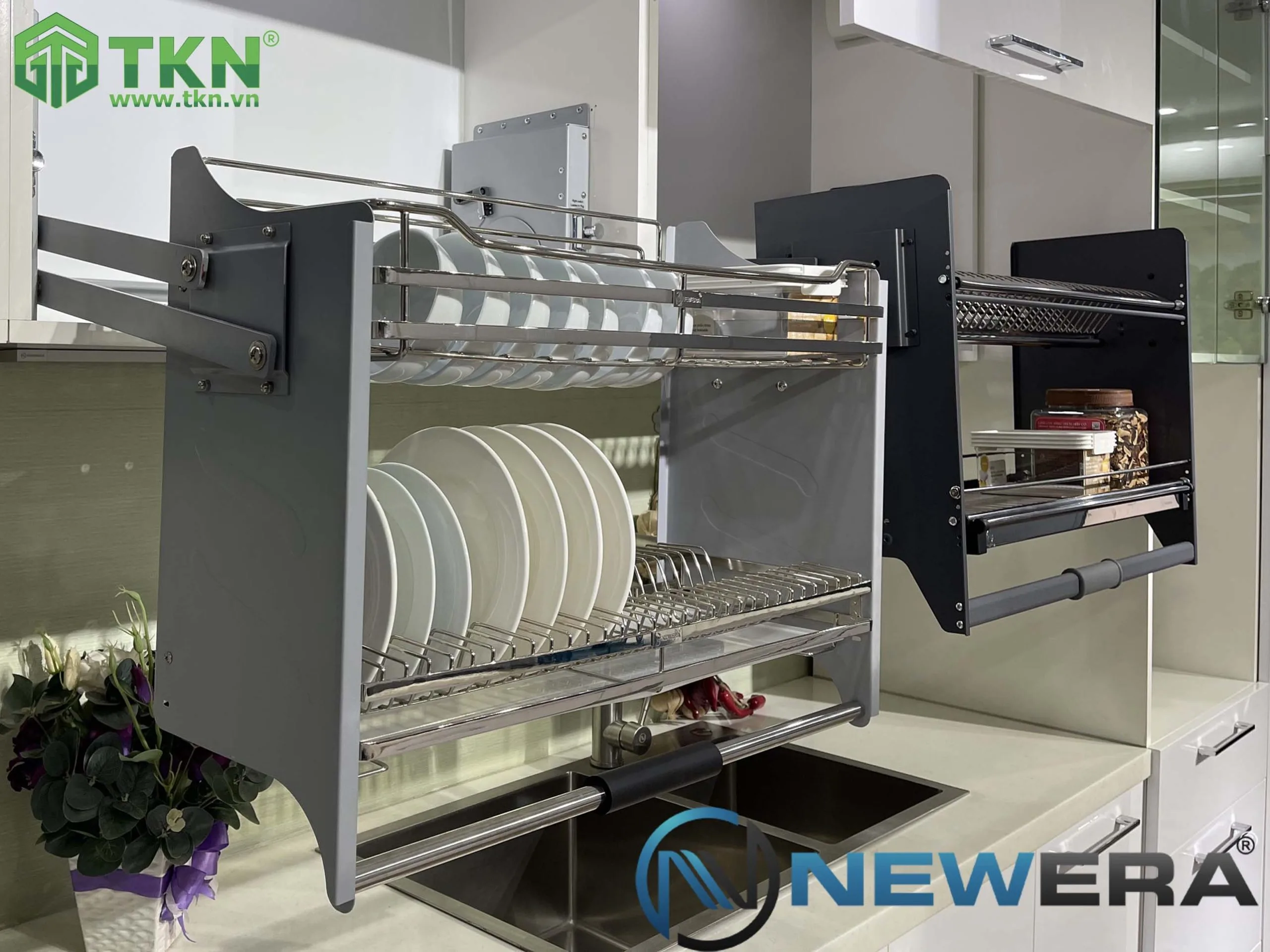 Giá bát nâng hạ NewEra 900mm inox 304 nan dẹt NE255.900 6