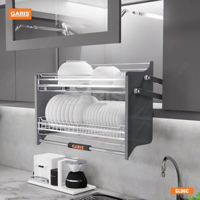 Giá bát di động GL06C kèm khay hứng nước tiện lợi, giúp hạn chế việc đọng nước, tăng độ thông thoáng cho tủ bếp