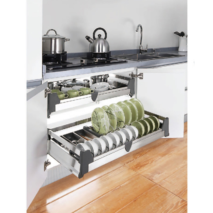 Không gian bếp trở nên hiện đại, sang trọng nhờ sử dụng giá bát đĩa tủ dưới dạng hộp