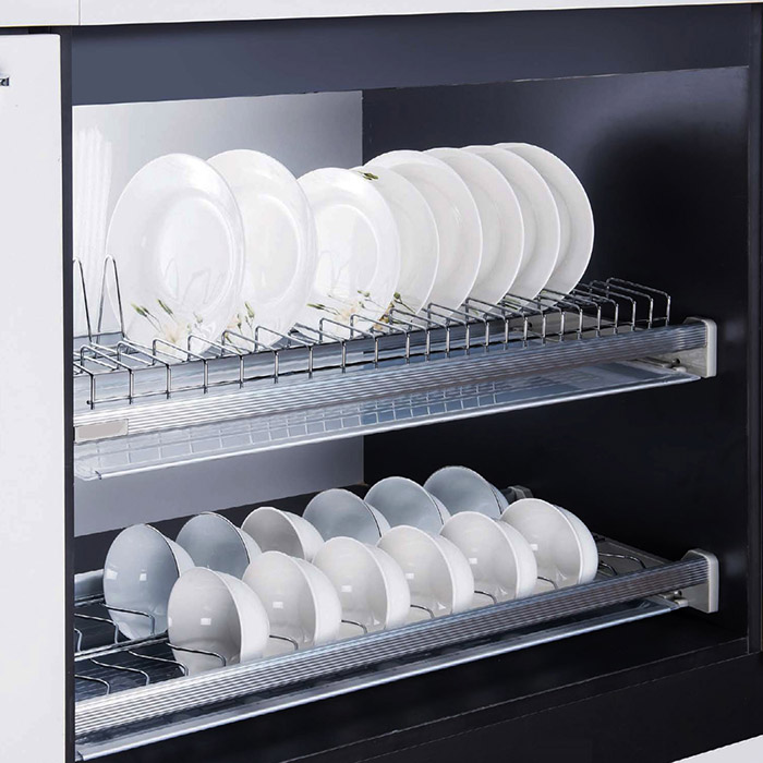 Giá bát cố định 2 tầng Grob Inox 304 - GS304.170 với tầng dưới được thiết kế dạng lượn sóng và khoảng cách giữa các nan rộng hơn giúp úp được nhiều bát đĩa hơn