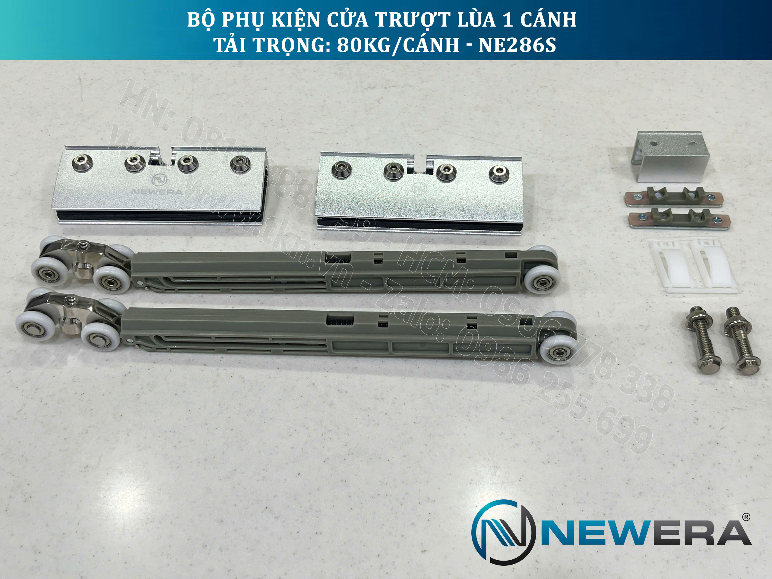 Phụ kiện cửa trượt lùa NewEra 1 cánh 8-12mm, giảm chấn 2 chiều, tải trọng 80kg/cánh NE286S 1