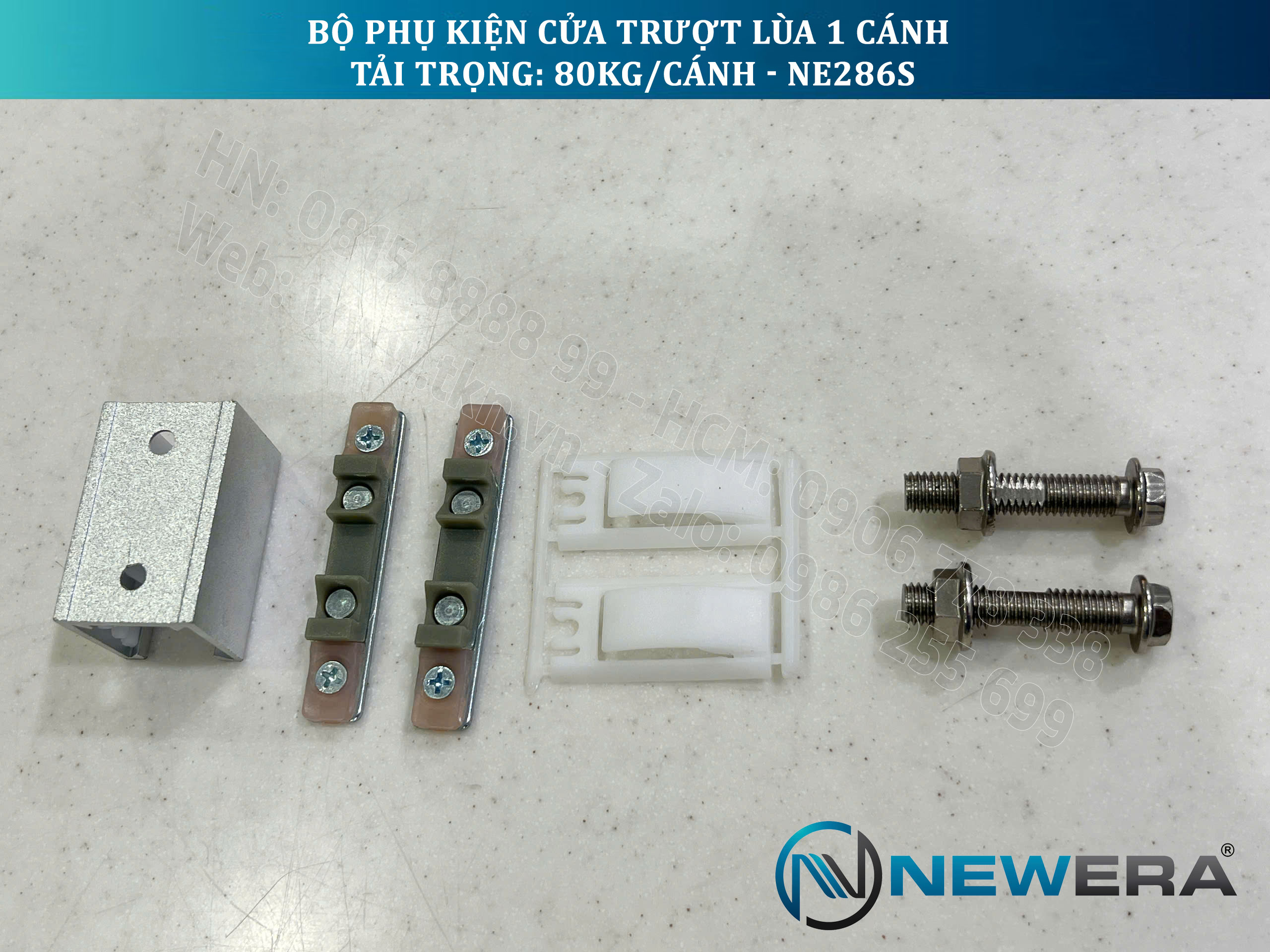 Phụ kiện cửa trượt lùa NewEra 1 cánh 8-12mm, giảm chấn 2 chiều, tải trọng 80kg/cánh NE286S 13