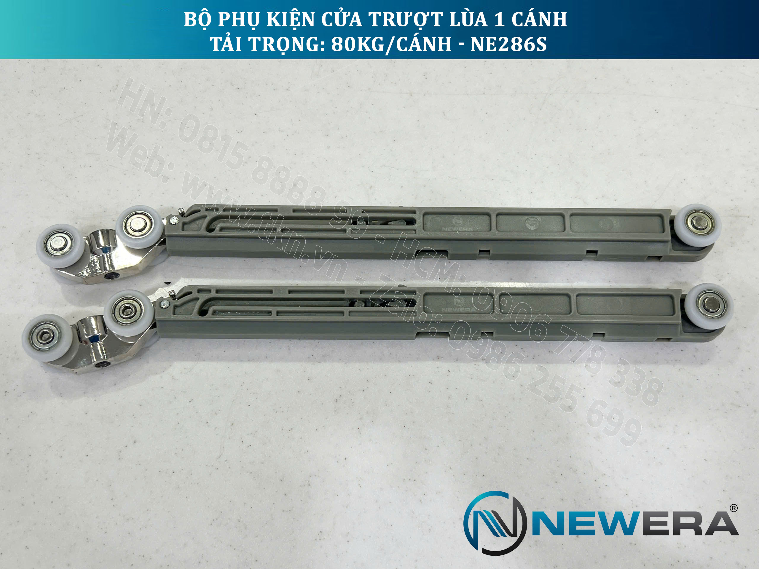 Phụ kiện cửa trượt lùa NewEra 1 cánh 8-12mm, giảm chấn 2 chiều, tải trọng 80kg/cánh NE286S 12