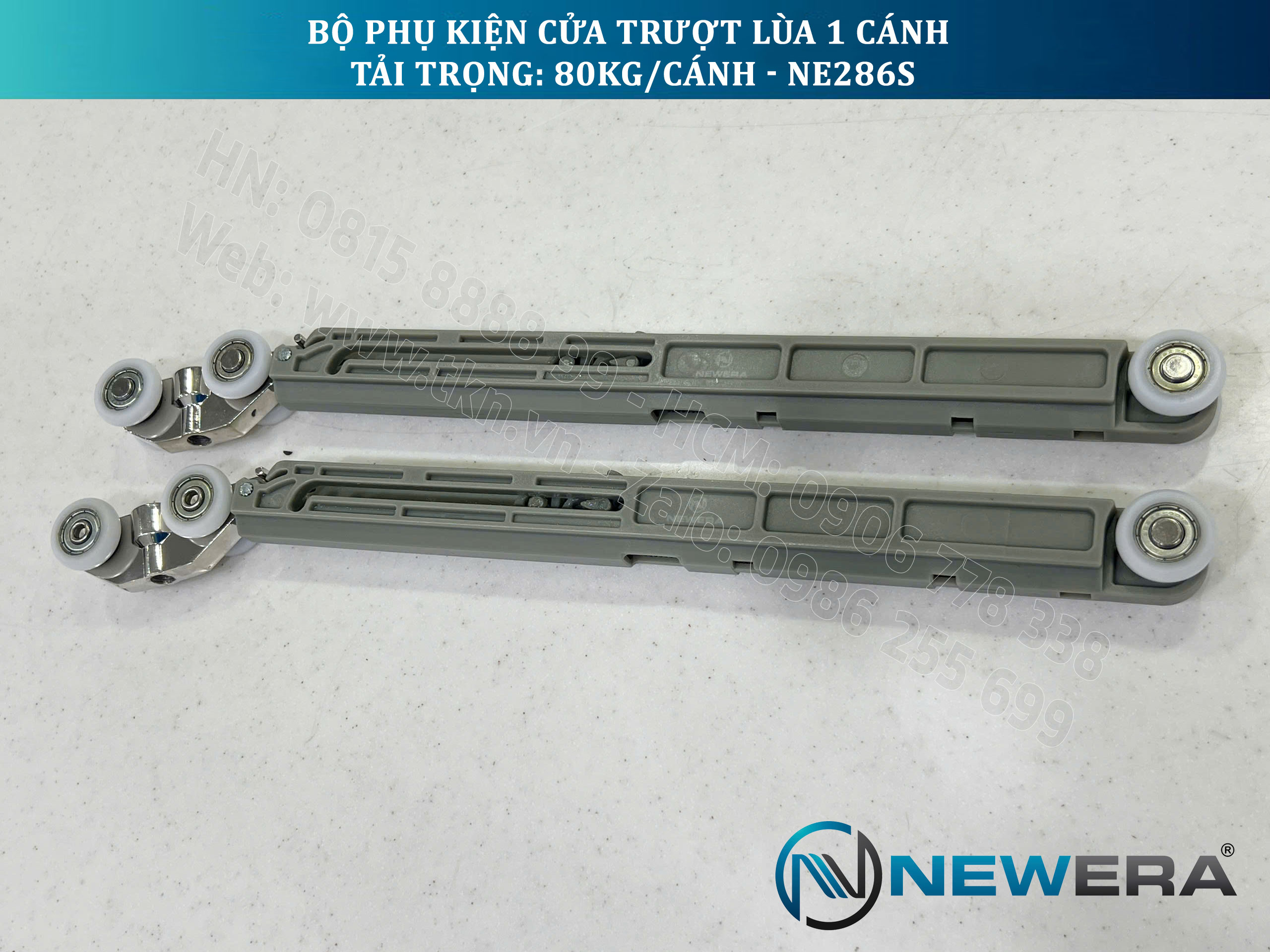 Phụ kiện cửa trượt lùa NewEra 1 cánh 8-12mm, giảm chấn 2 chiều, tải trọng 80kg/cánh NE286S 11