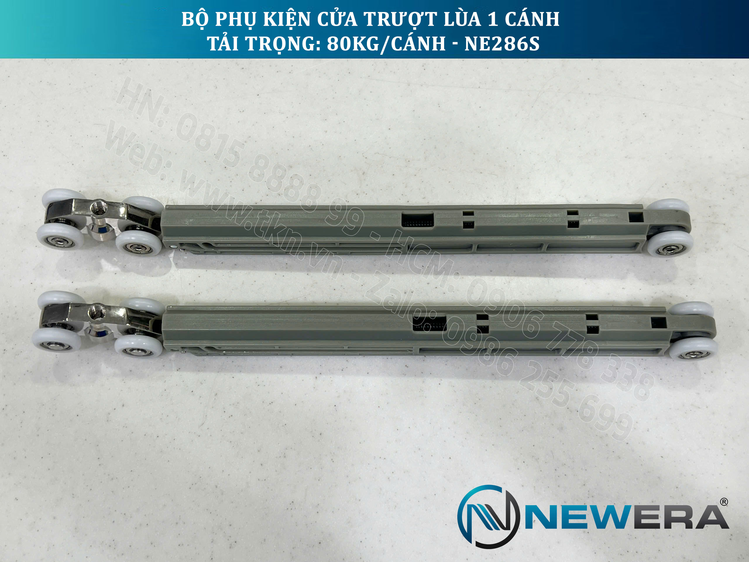 Phụ kiện cửa trượt lùa NewEra 1 cánh 8-12mm, giảm chấn 2 chiều, tải trọng 80kg/cánh NE286S 10