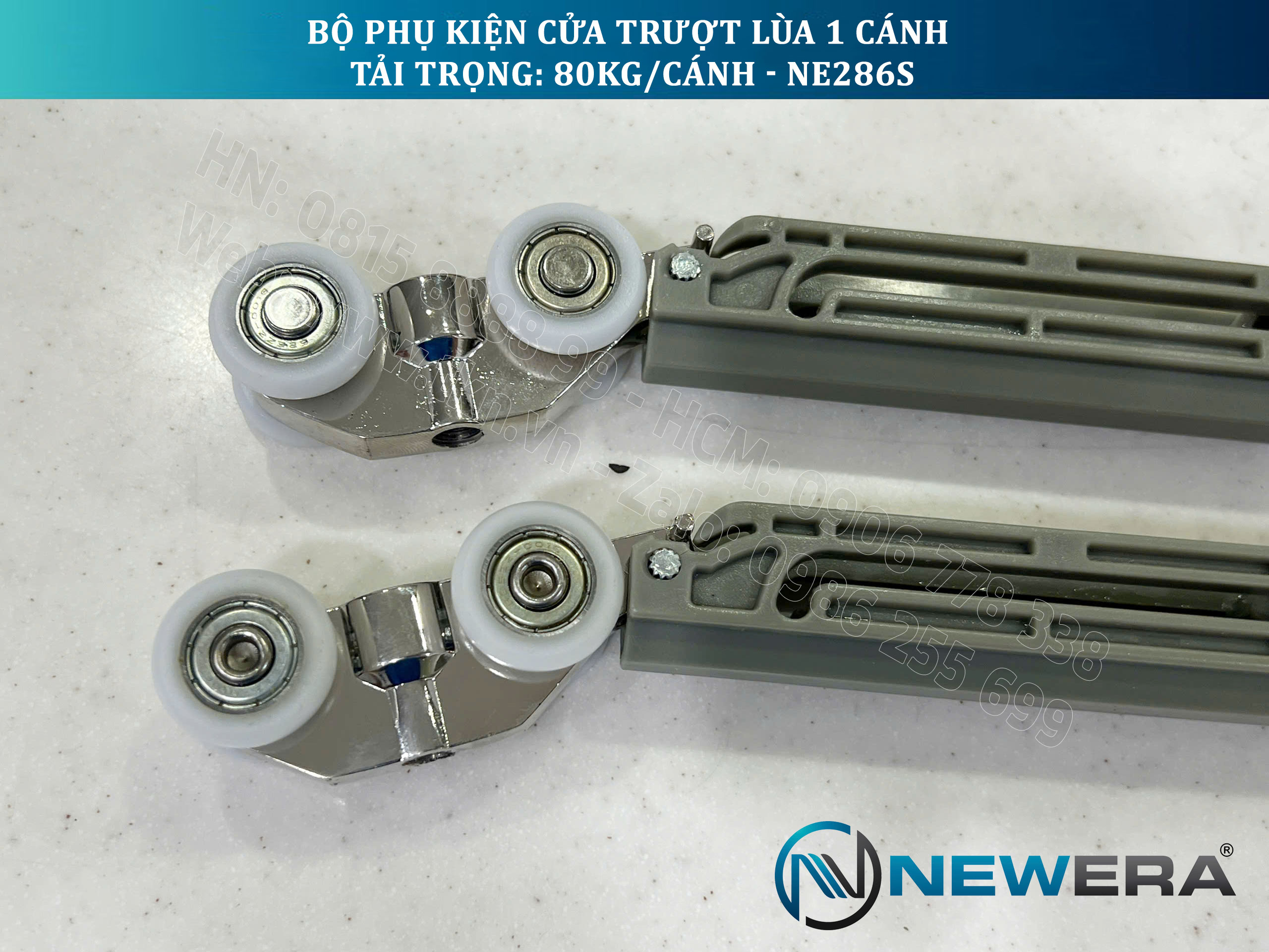 Phụ kiện cửa trượt lùa NewEra 1 cánh 8-12mm, giảm chấn 2 chiều, tải trọng 80kg/cánh NE286S 9