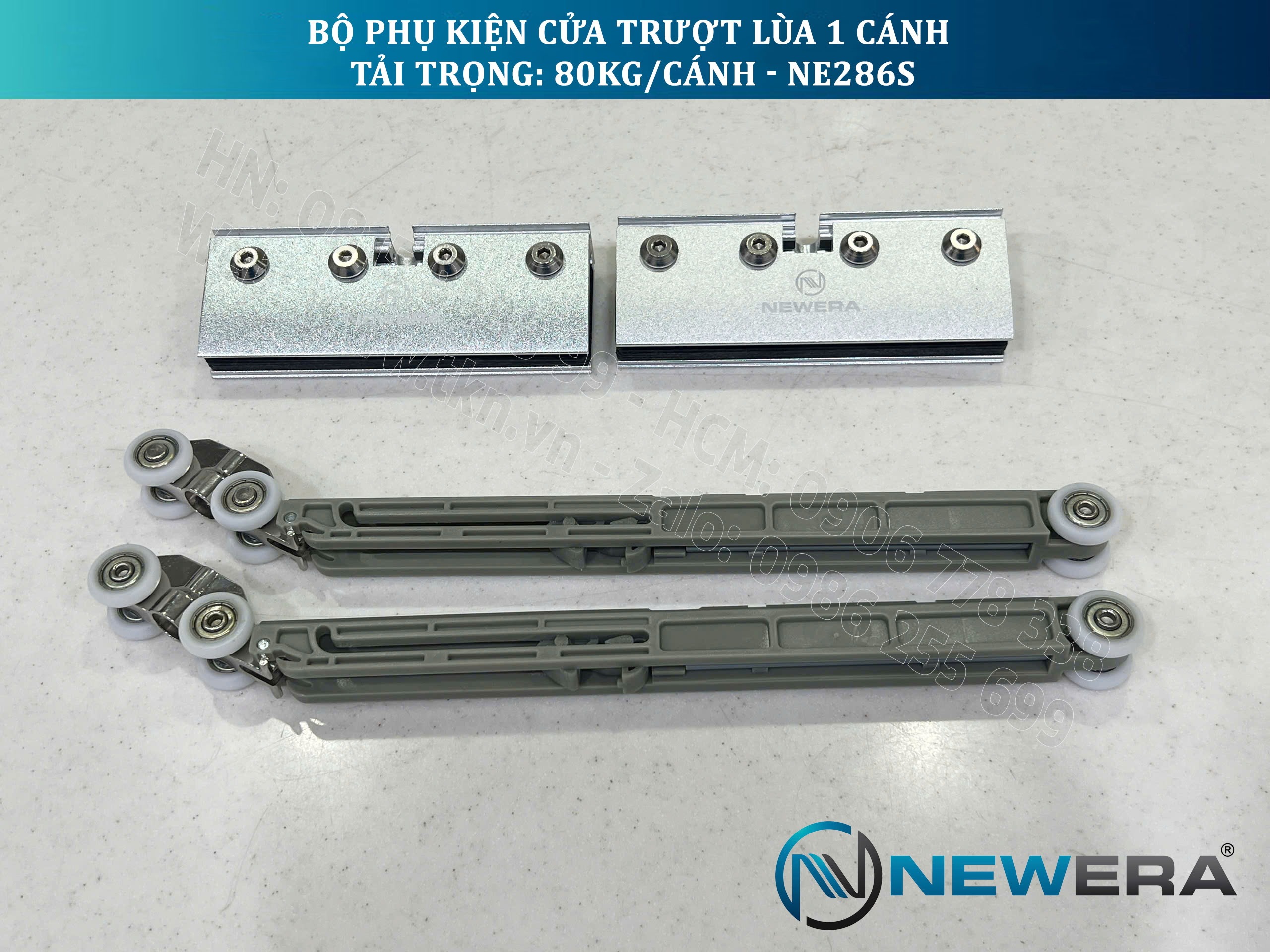 Phụ kiện cửa trượt lùa NewEra 1 cánh 8-12mm, giảm chấn 2 chiều, tải trọng 80kg/cánh NE286S 6