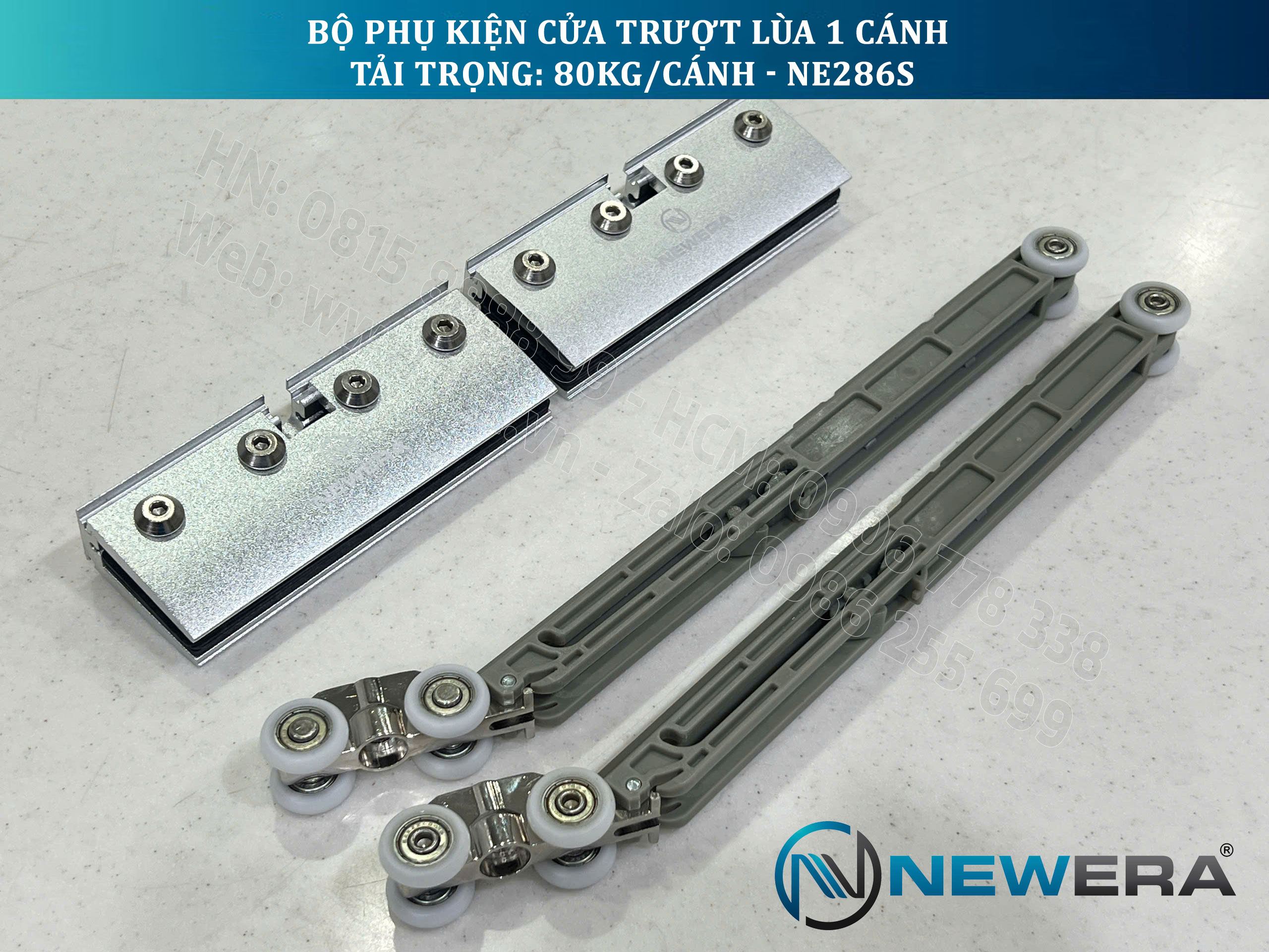 Phụ kiện cửa trượt lùa NewEra 1 cánh 8-12mm, giảm chấn 2 chiều, tải trọng 80kg/cánh NE286S 5