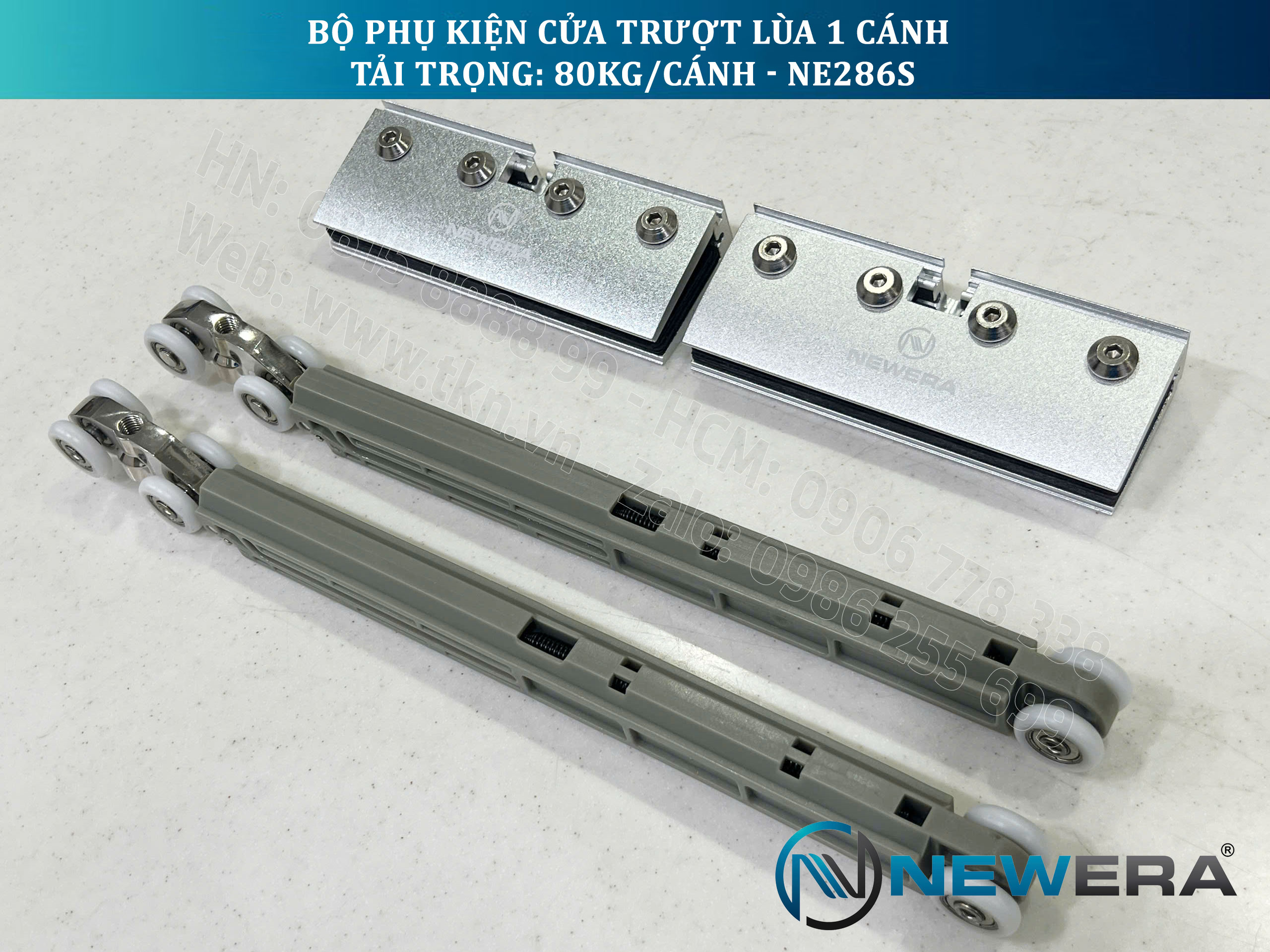 Phụ kiện cửa trượt lùa NewEra 1 cánh 8-12mm, giảm chấn 2 chiều, tải trọng 80kg/cánh NE286S 4