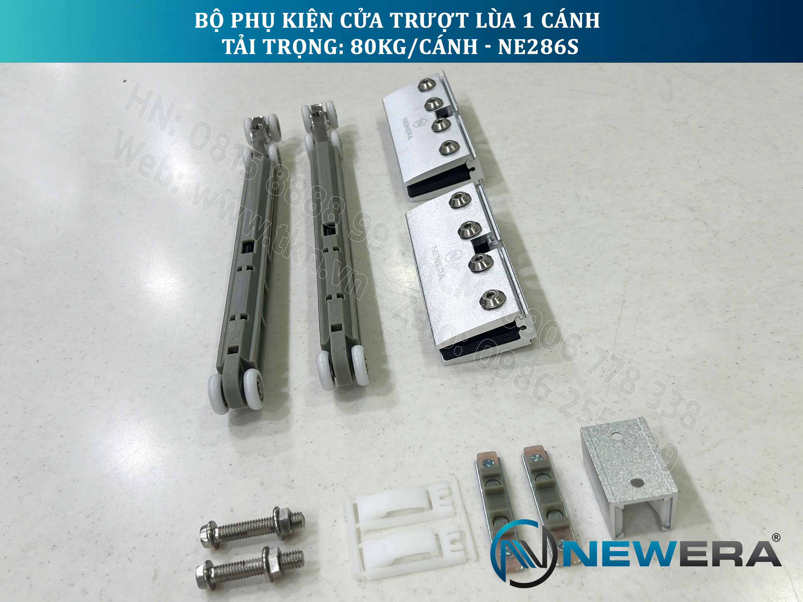 Phụ kiện cửa trượt lùa NewEra 1 cánh 8-12mm, giảm chấn 2 chiều, tải trọng 80kg/cánh NE286S 21