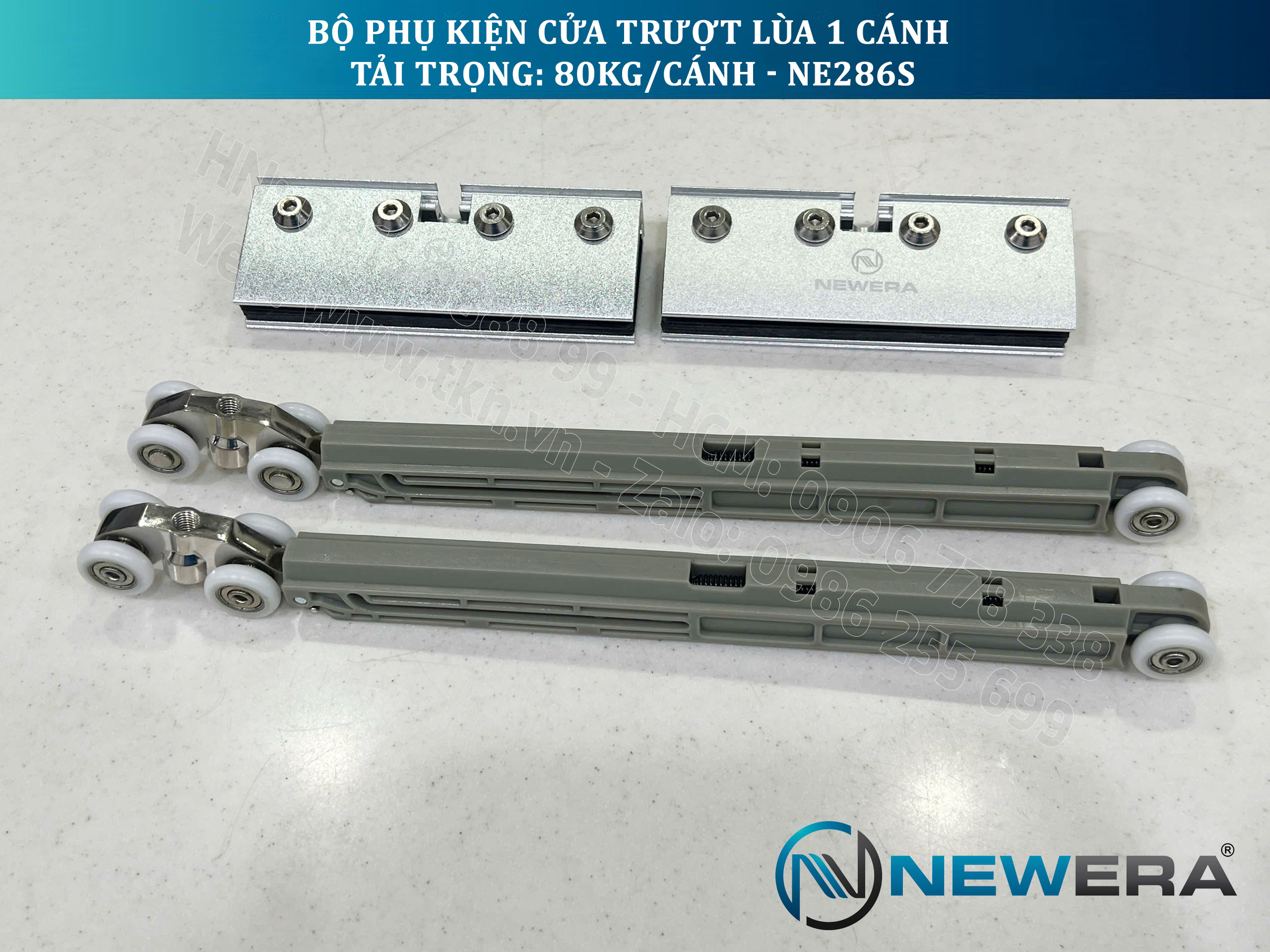 Phụ kiện cửa trượt lùa NewEra 1 cánh 8-12mm, giảm chấn 2 chiều, tải trọng 80kg/cánh NE286S 3