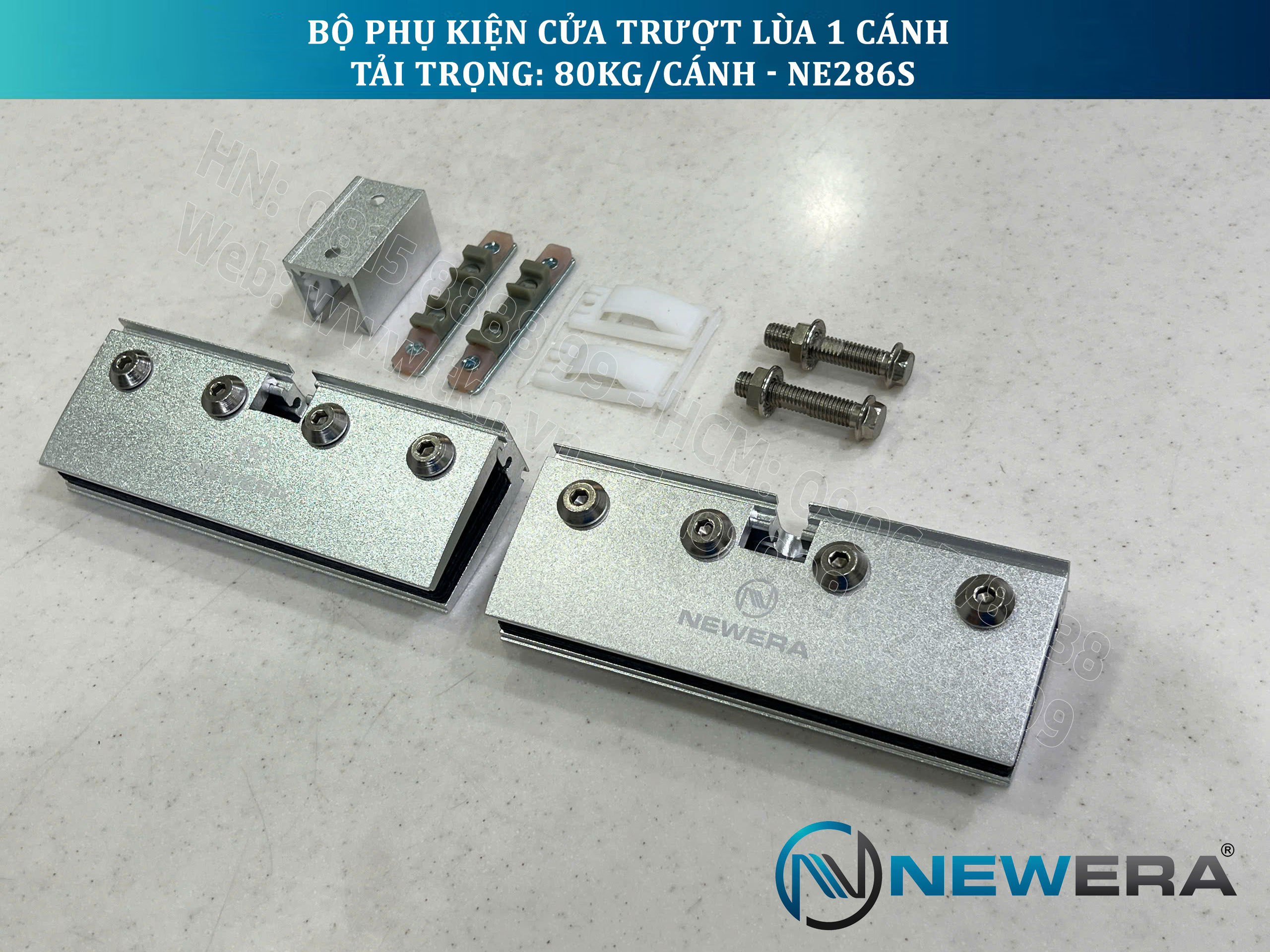 Phụ kiện cửa trượt lùa NewEra 1 cánh 8-12mm, giảm chấn 2 chiều, tải trọng 80kg/cánh NE286S 2