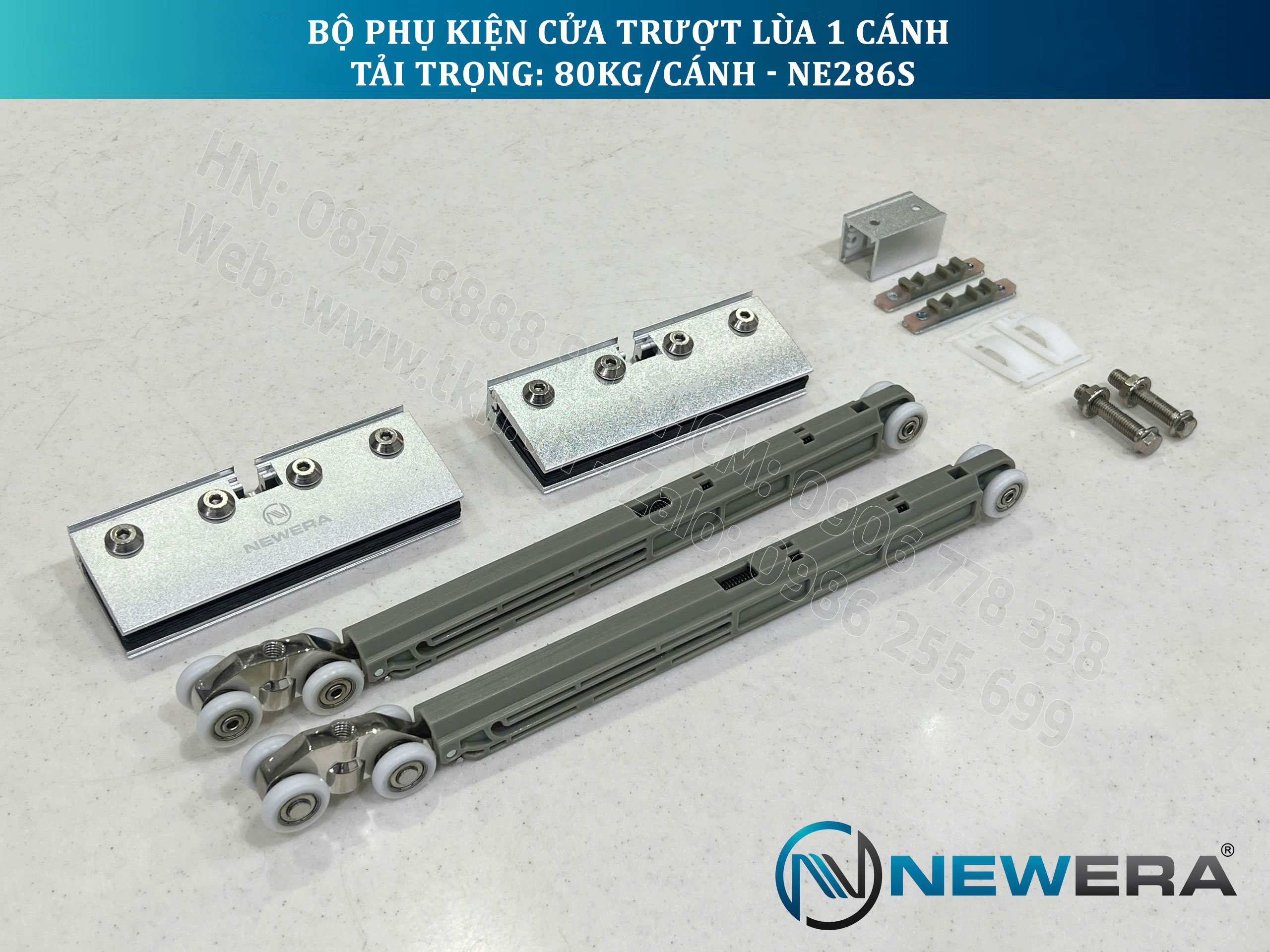 Phụ kiện cửa trượt lùa NewEra 1 cánh 8-12mm, giảm chấn 2 chiều, tải trọng 80kg/cánh NE286S 20