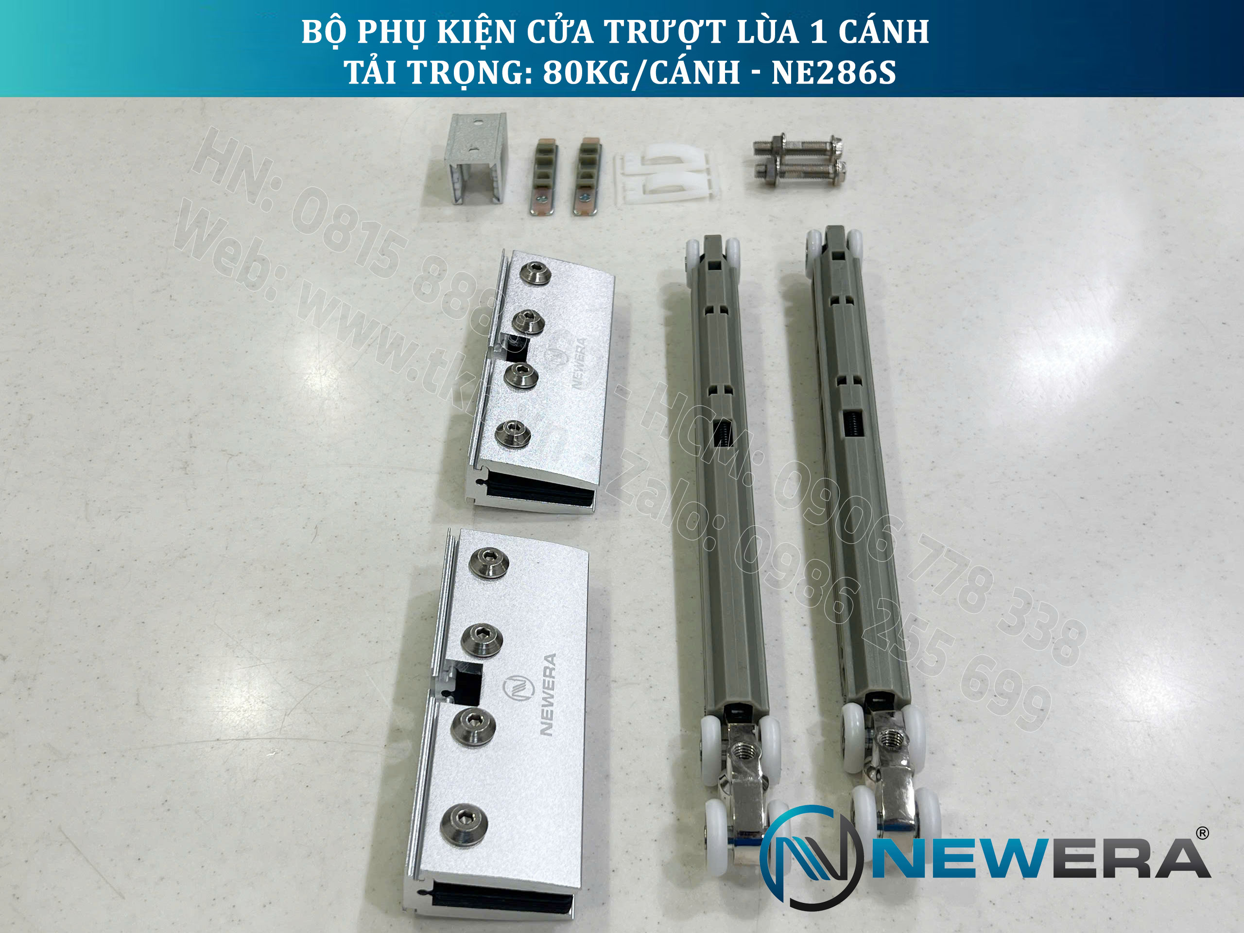 Phụ kiện cửa trượt lùa NewEra 1 cánh 8-12mm, giảm chấn 2 chiều, tải trọng 80kg/cánh NE286S 17