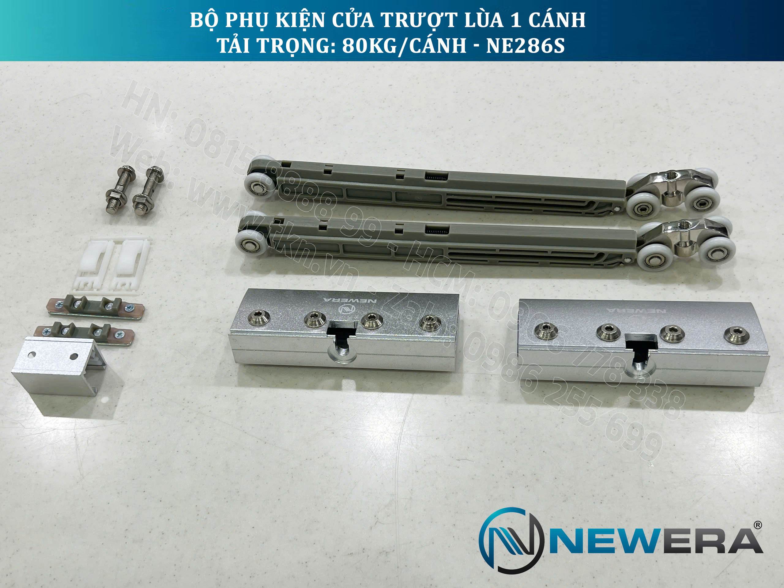 Phụ kiện cửa trượt lùa NewEra 1 cánh 8-12mm, giảm chấn 2 chiều, tải trọng 80kg/cánh NE286S 16