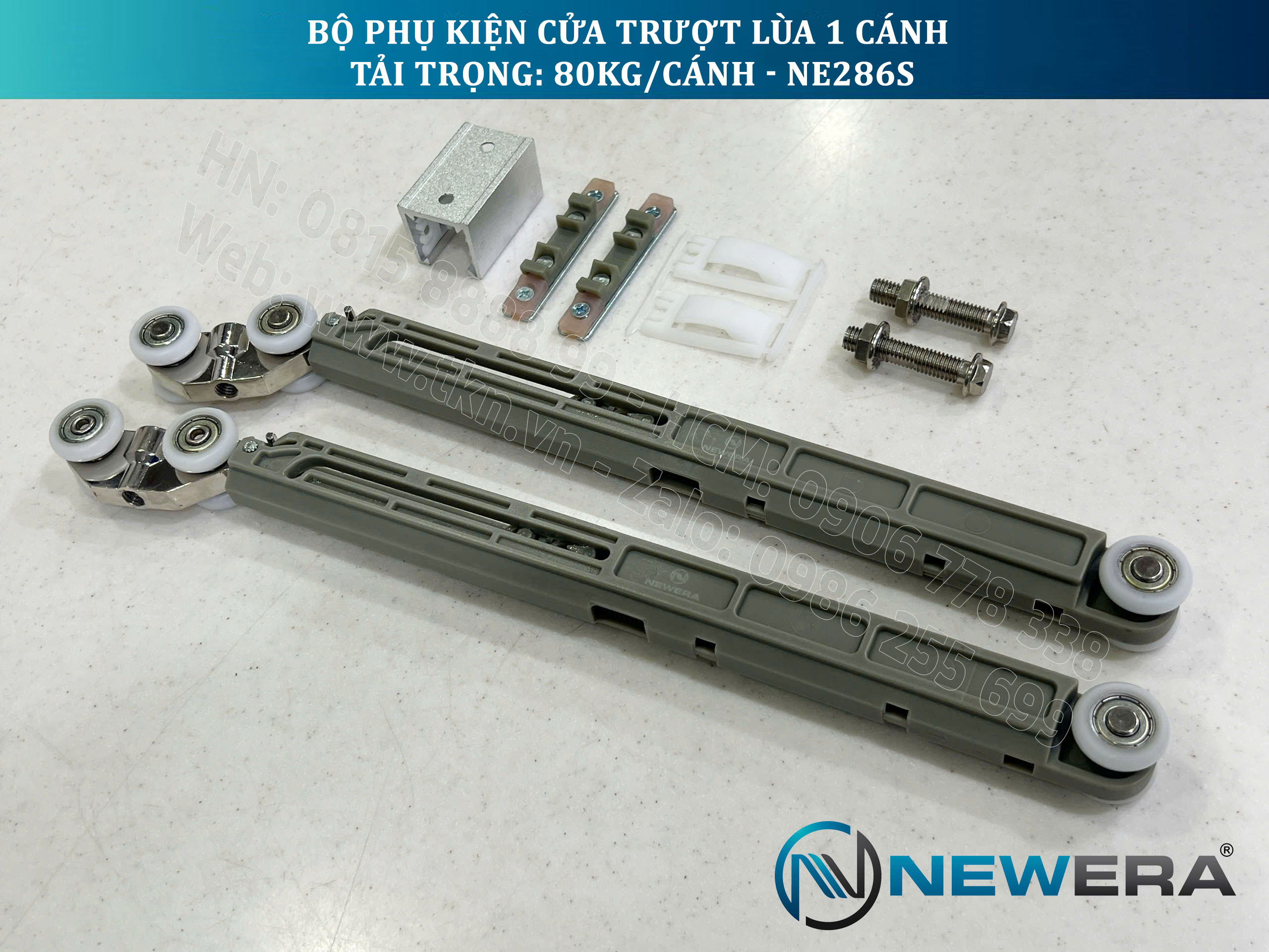 Phụ kiện cửa trượt lùa NewEra 1 cánh 8-12mm, giảm chấn 2 chiều, tải trọng 80kg/cánh NE286S 15