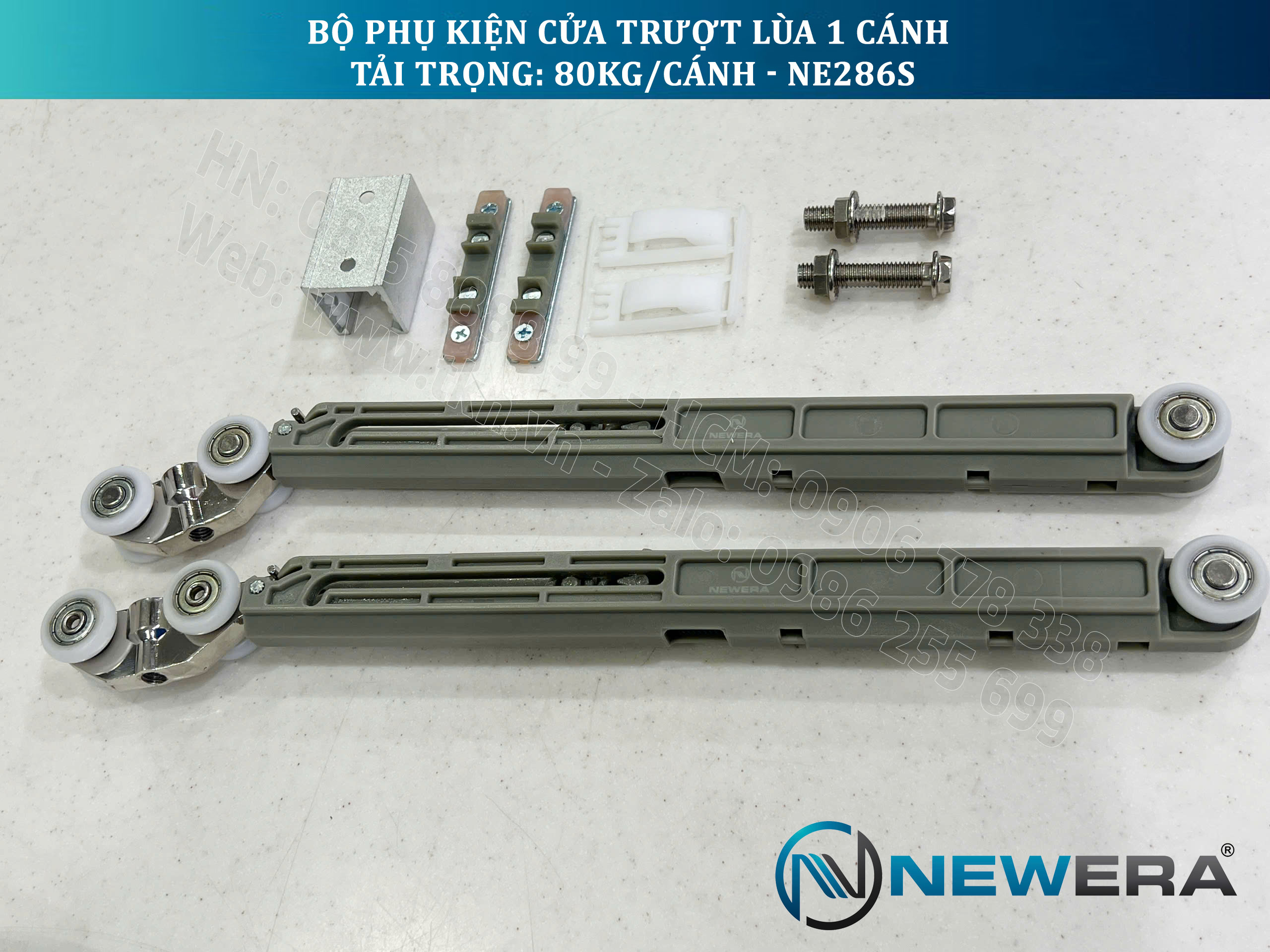 Phụ kiện cửa trượt lùa NewEra 1 cánh 8-12mm, giảm chấn 2 chiều, tải trọng 80kg/cánh NE286S 14