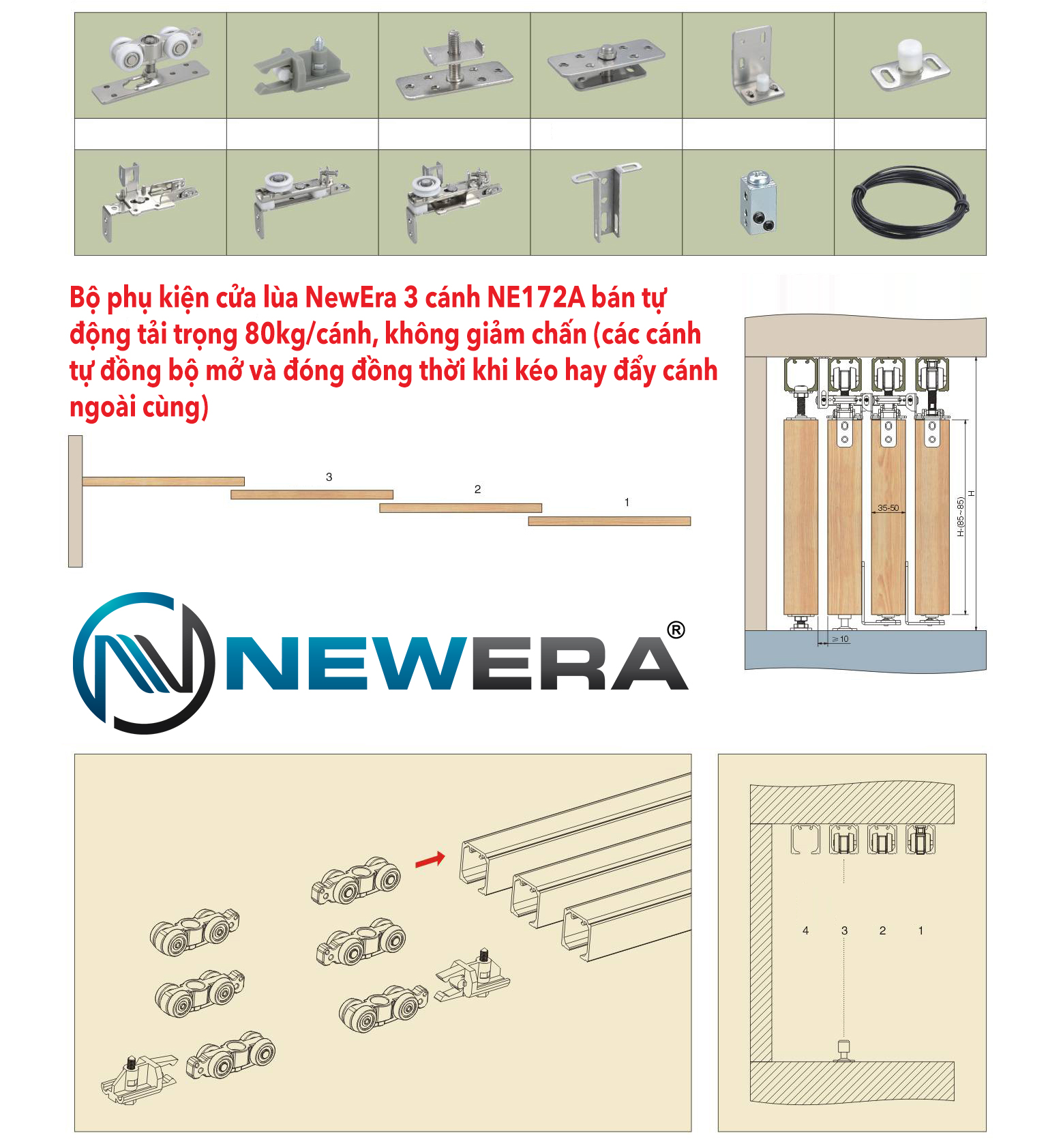 Bộ phụ kiện cửa lùa 3 cánh bán tự động NewEra tải trọng 80kg/cánh không giảm chấn NE172B 1