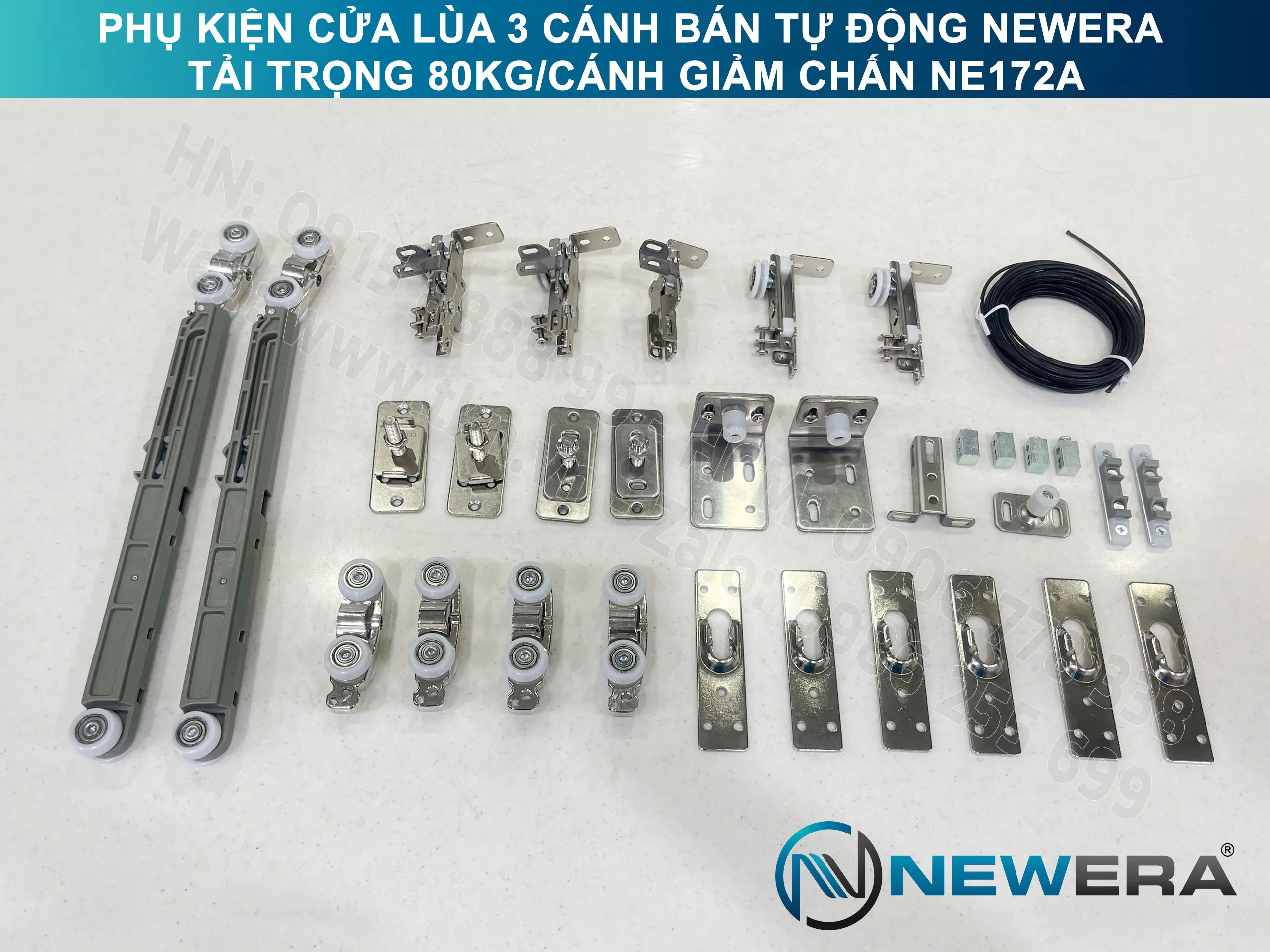 Phụ kiện cửa lùa 3 cánh bán tự động NewEra tải trọng 80kg/cánh giảm chấn NE172A