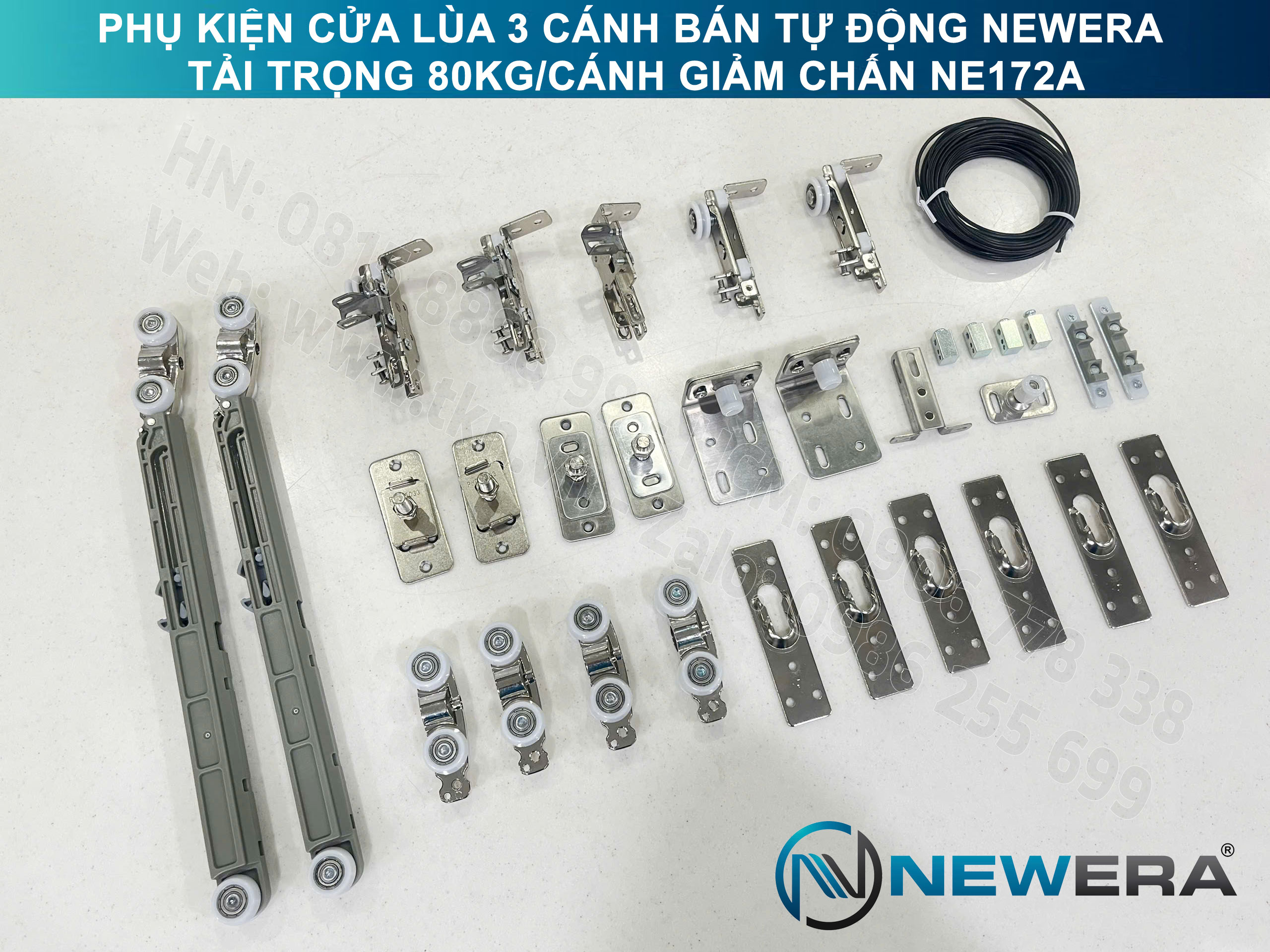 Phụ kiện cửa lùa 3 cánh bán tự động NewEra tải trọng 80kg/cánh giảm chấn NE172A 1