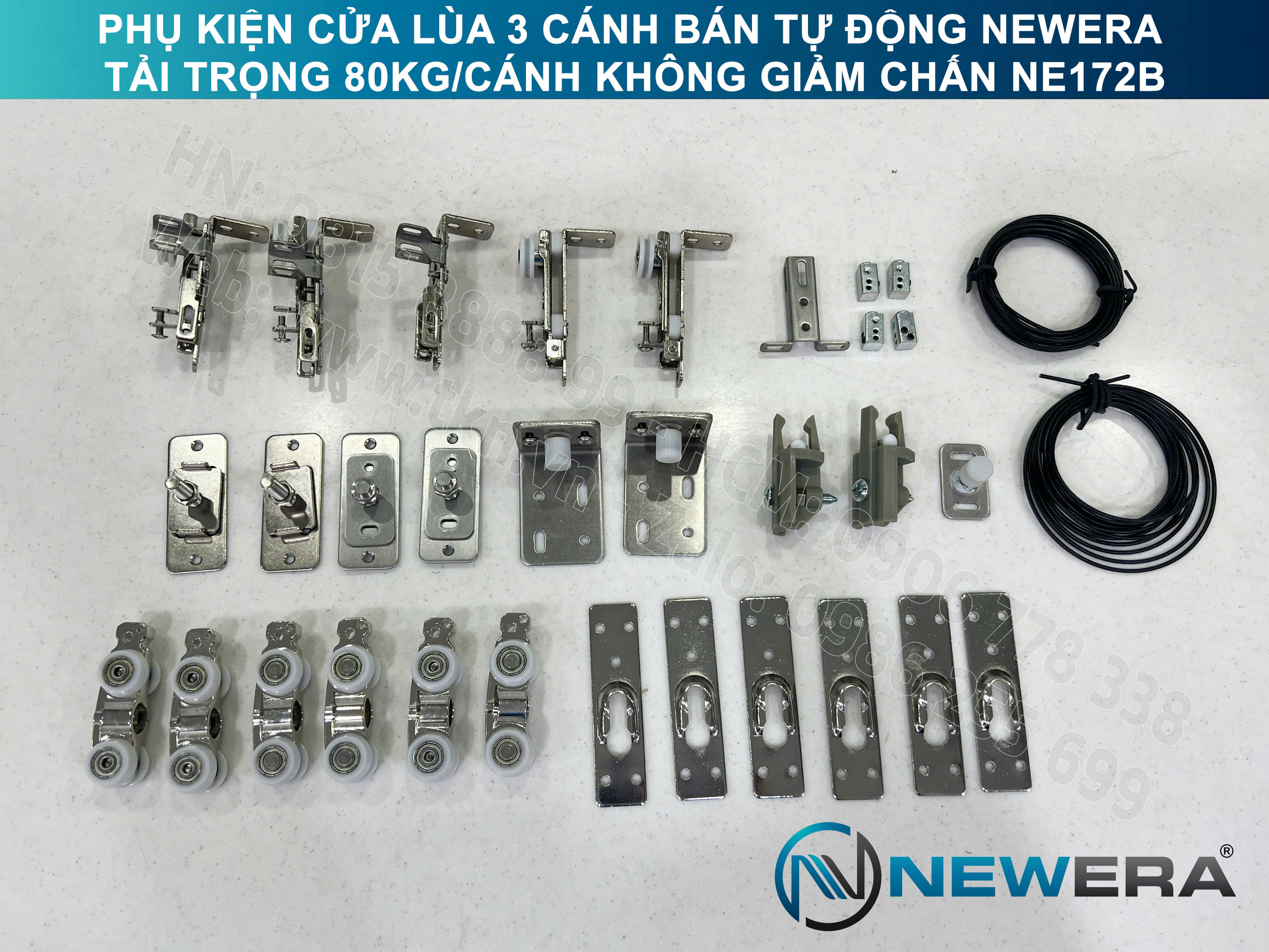 Phụ kiện cửa lùa 3 cánh bán tự động NewEra tải trọng 80kg/cánh không giảm chấn NE172B