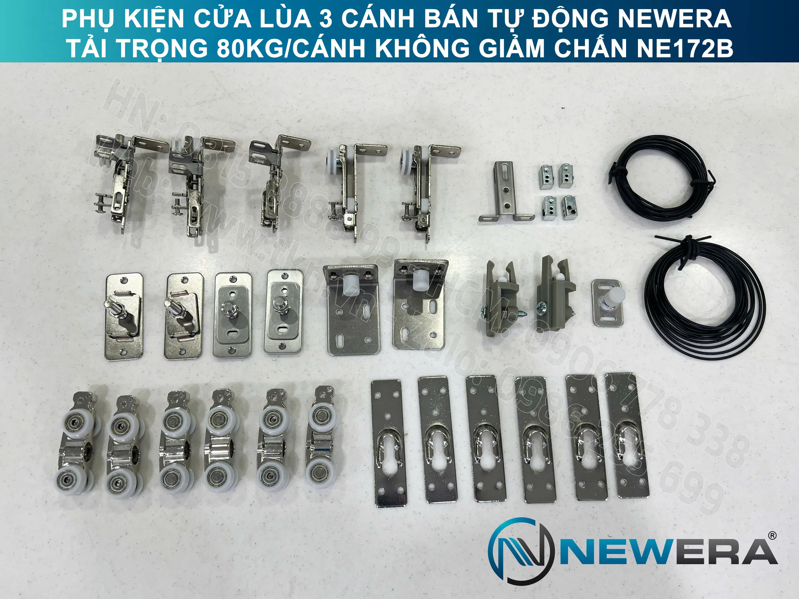 Phụ kiện cửa lùa 3 cánh bán tự động NewEra tải trọng 80kg/cánh không giảm chấn NE172B