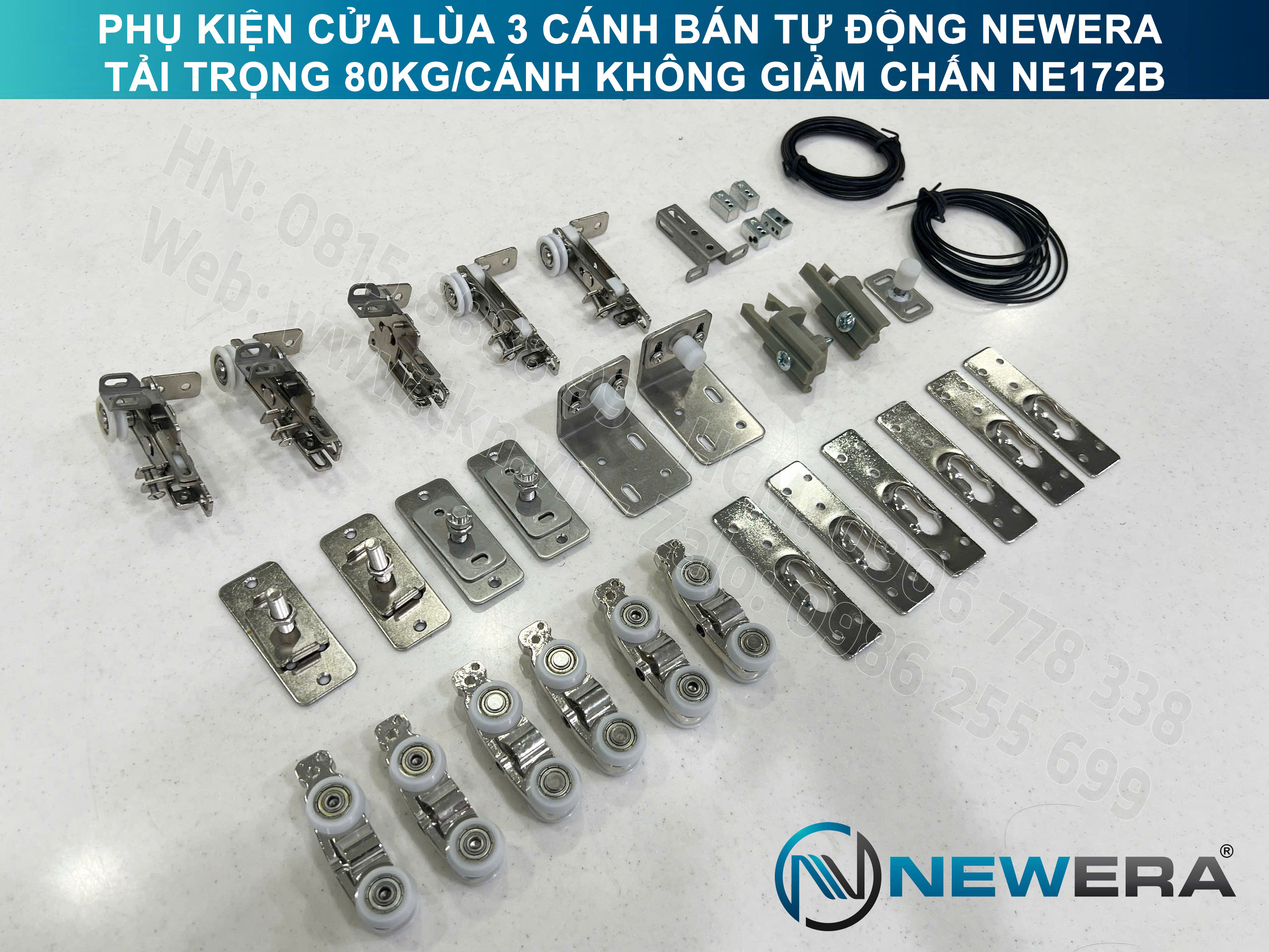 Phụ kiện cửa lùa 3 cánh bán tự động NewEra tải trọng 80kg/cánh không giảm chấn NE172B 1