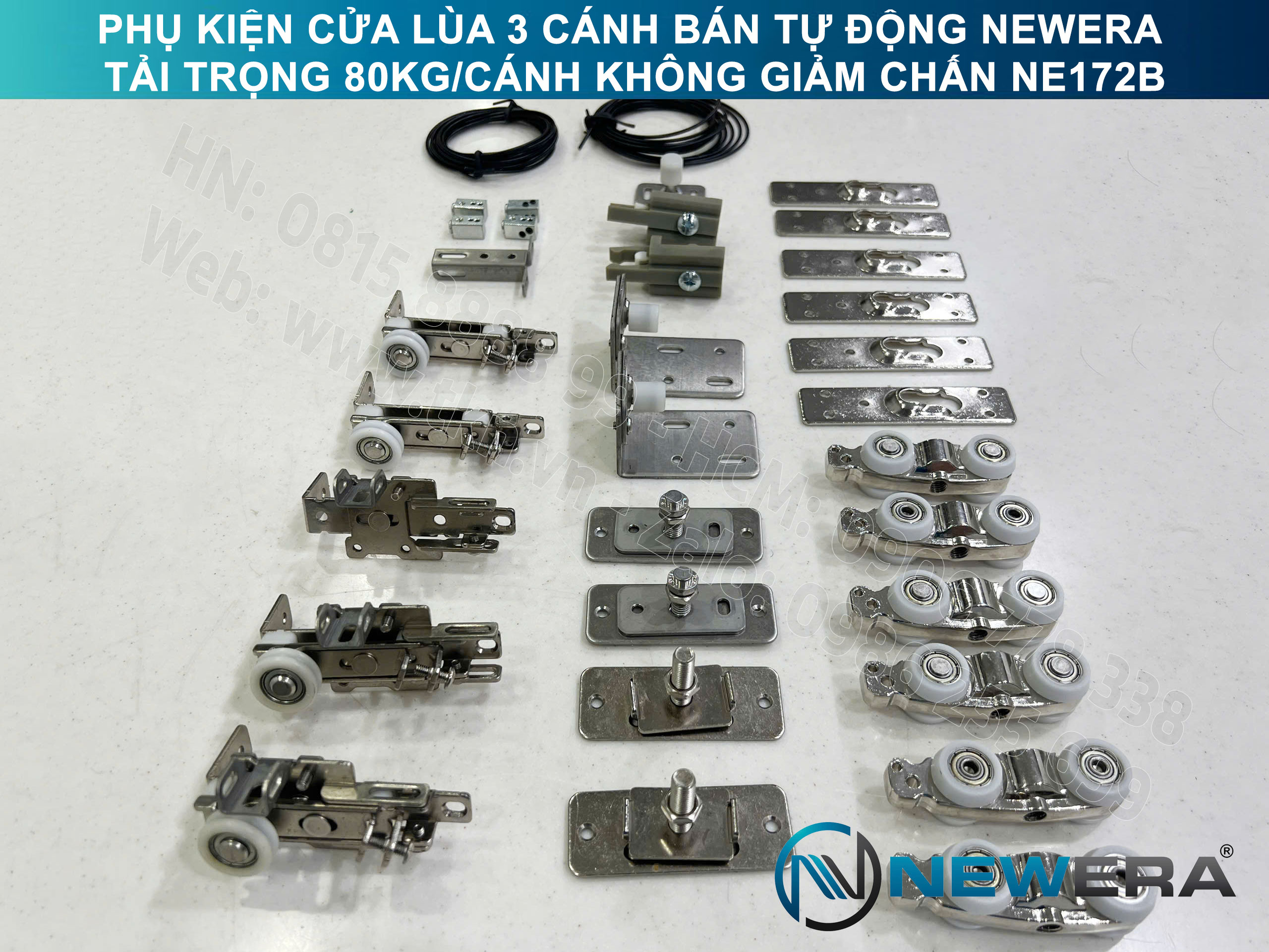 Phụ kiện cửa lùa 3 cánh bán tự động NewEra tải trọng 80kg/cánh không giảm chấn NE172B 3