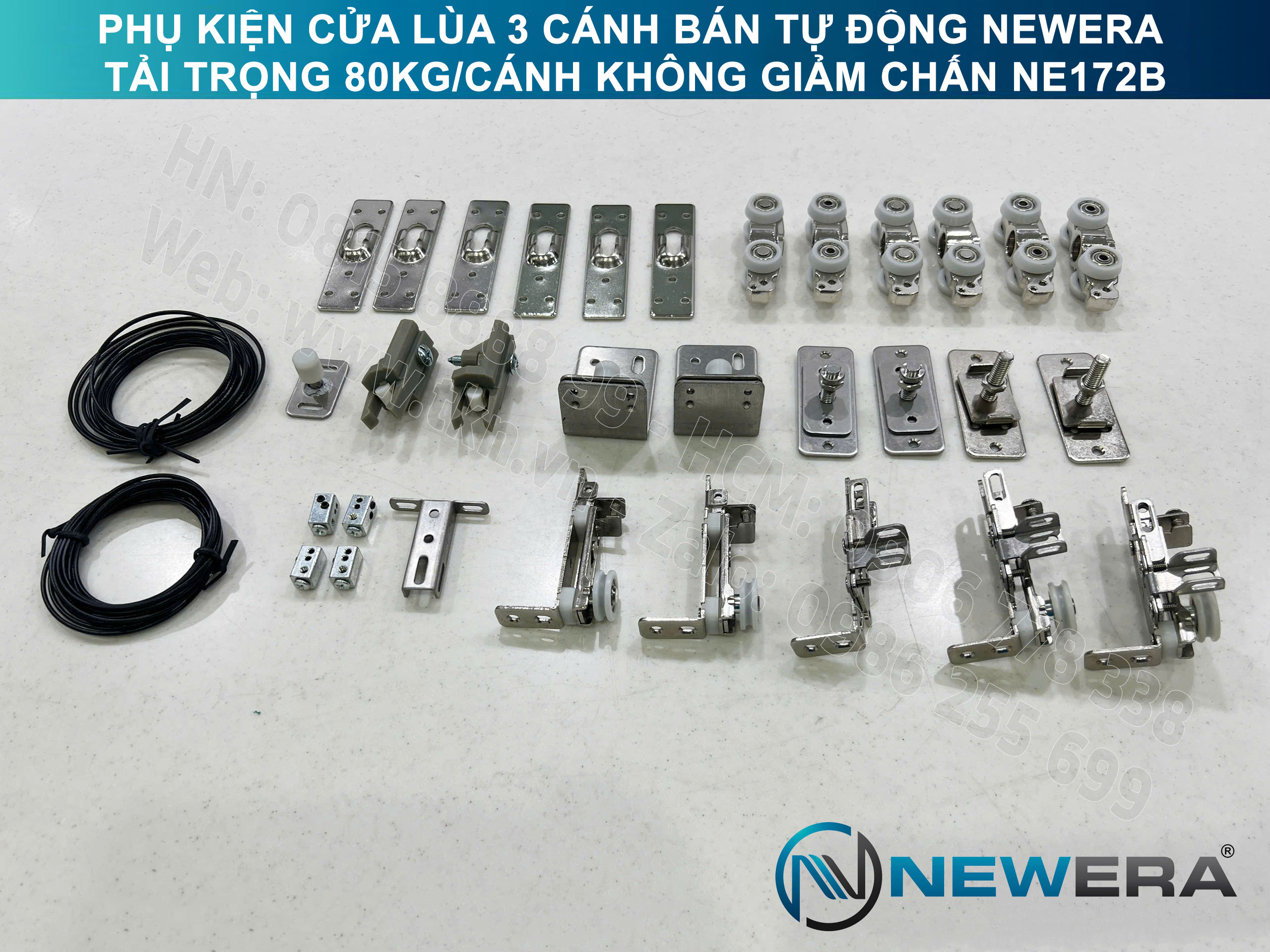 Phụ kiện cửa lùa 3 cánh bán tự động NewEra tải trọng 80kg/cánh không giảm chấn NE172B 4