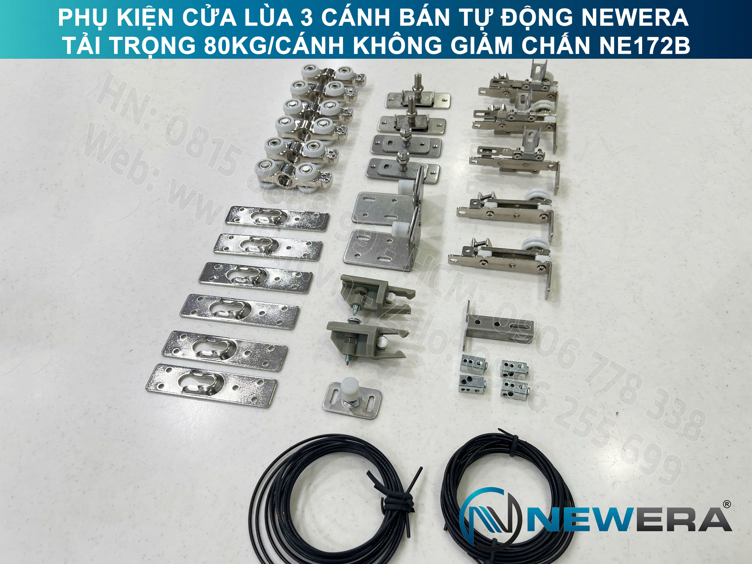 Phụ kiện cửa lùa 3 cánh bán tự động NewEra tải trọng 80kg/cánh không giảm chấn NE172B 6
