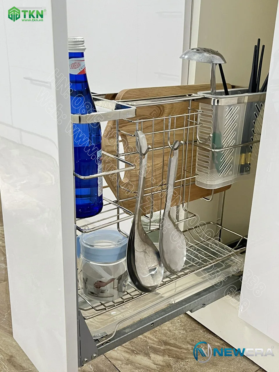 Giá dao thớt chai lọ inox 304 NE255.200 ray âm giảm chấn gắn liền 1