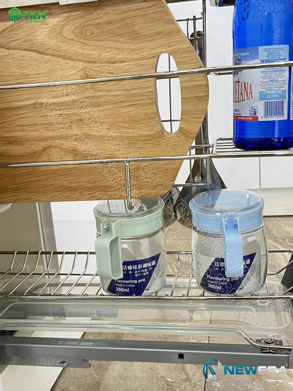 Giá dao thớt chai lọ inox 304 NE255.200 ray âm giảm chấn gắn liền 2