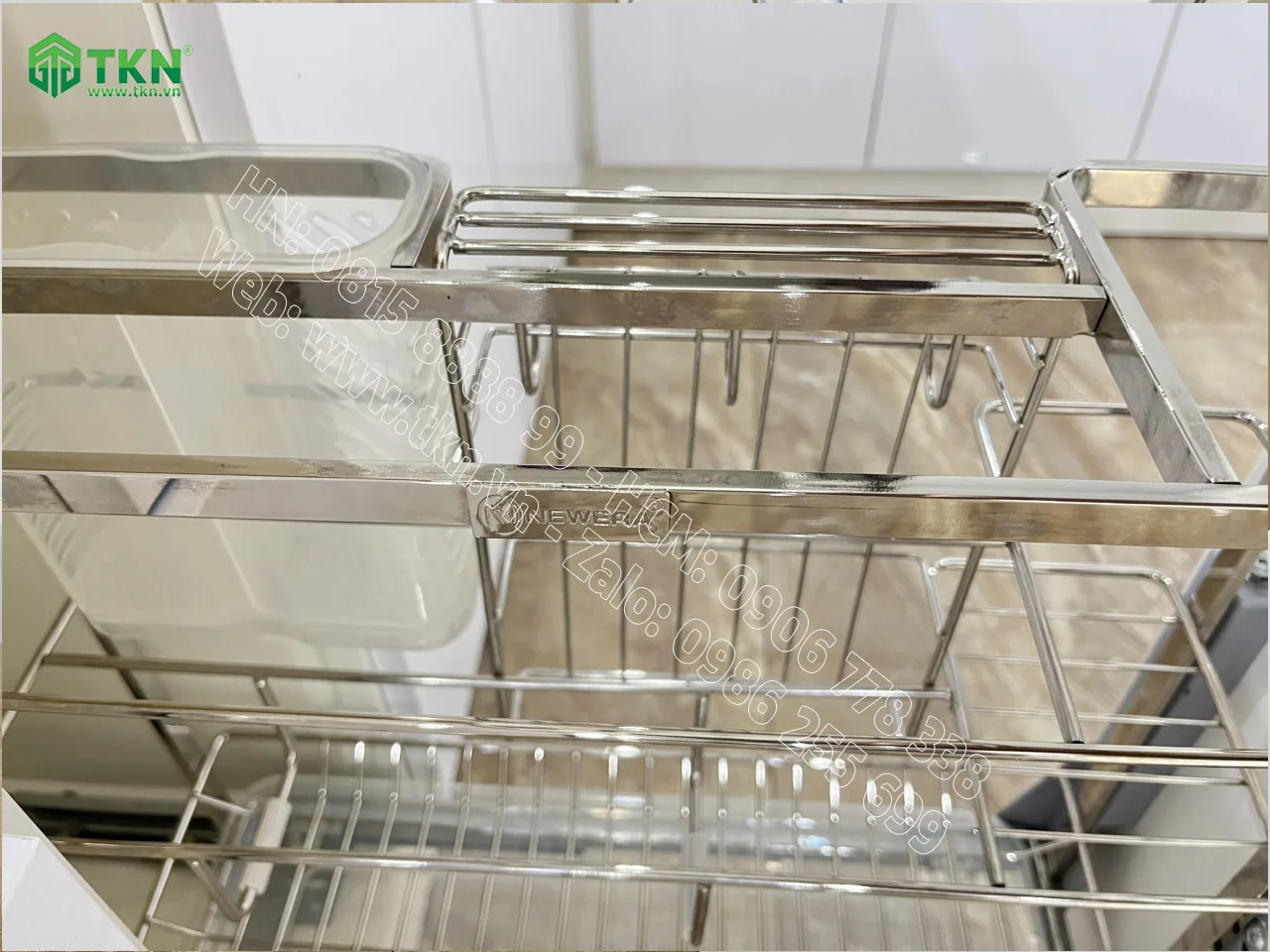 Giá dao thớt chai lọ inox 304 NE255.200 ray âm giảm chấn gắn liền 7