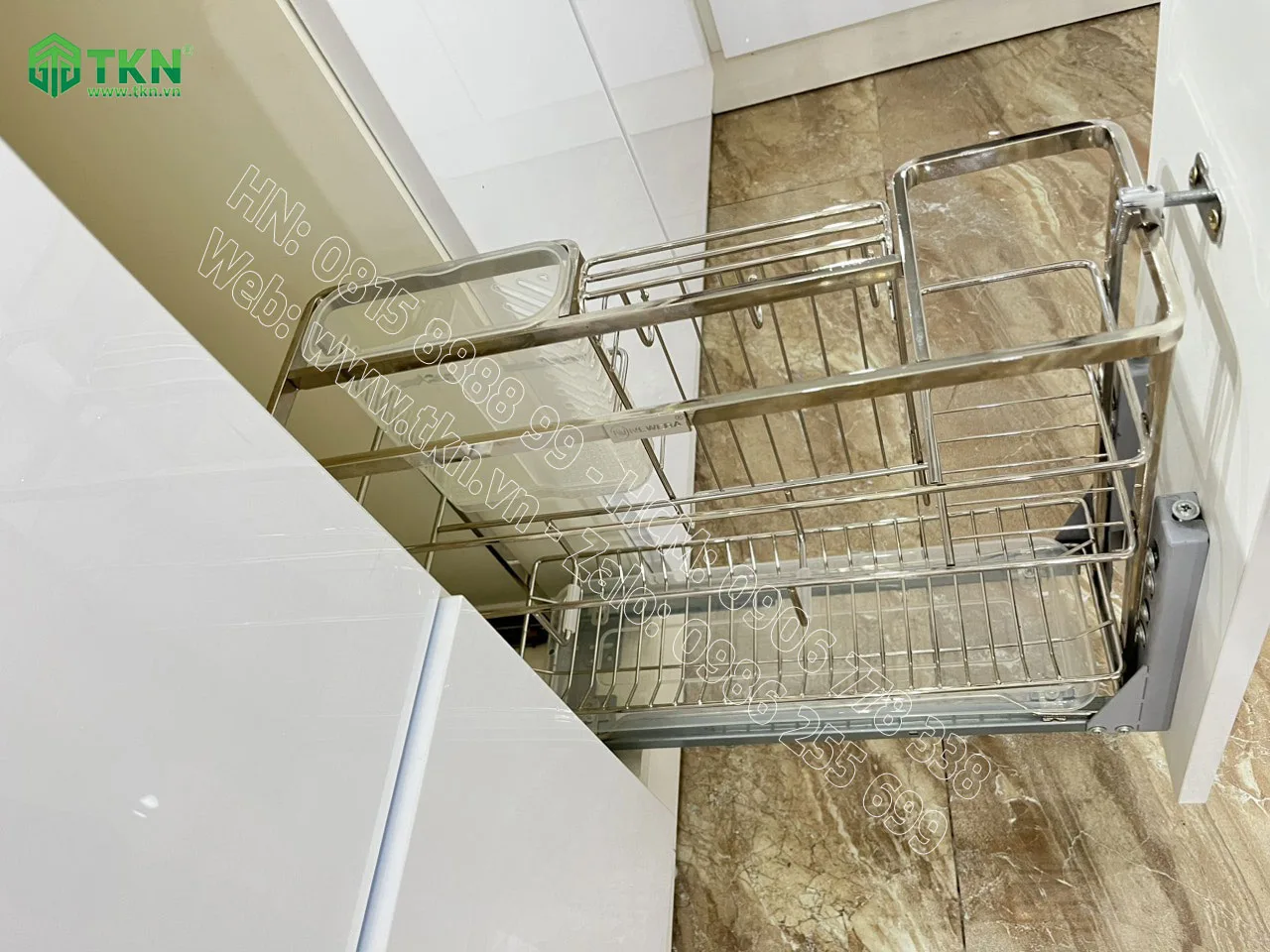 Giá dao thớt chai lọ inox 304 NE255.200 ray âm giảm chấn gắn liền 5