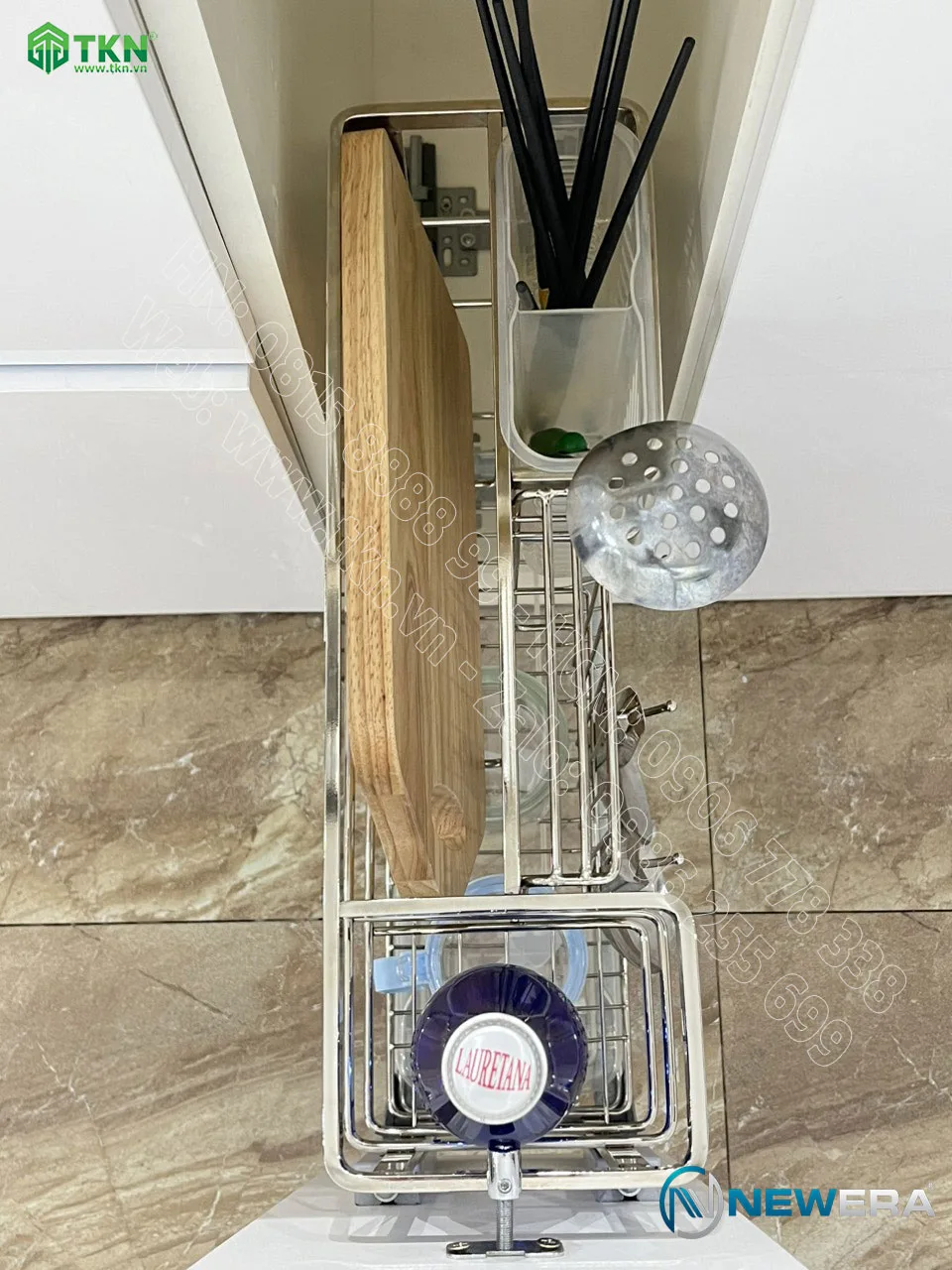 Giá dao thớt chai lọ inox 304 NE255.200 ray âm giảm chấn gắn liền 4