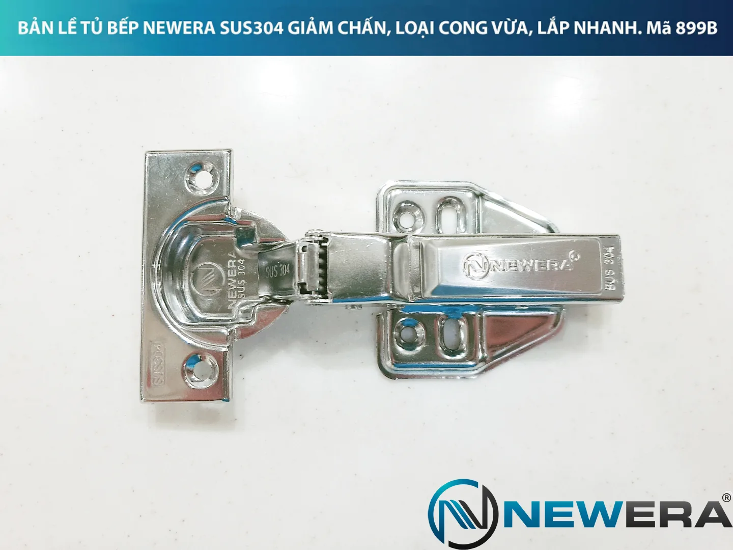 Bản lề NewEra cong vừa SUS 304 giảm chấn, lắp nhanh 899B