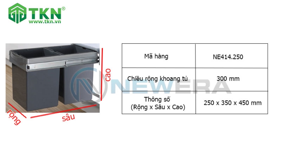 Kích thước thùng rác âm tủ dạng thùng vuông