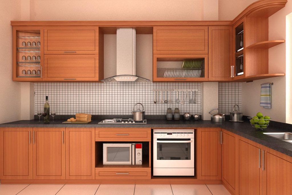 tủ bếp gỗ tự nhiên với thiết kế đơn giản