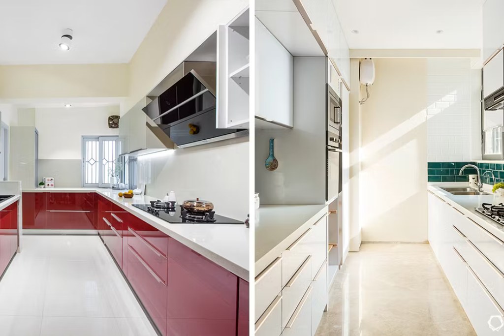 Tủ bếp phủ Acrylic màu trắng và đỏ nổi bật