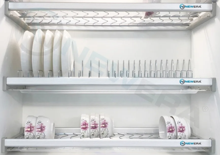 Gia bat co dinh 3 tang 2 bat 1 dia chat lieu Inox 304 be mat dien hoa ion xuoc mo co khay hung nuoc. Bao hanh gi set khung ro 100 nam NE866.600 2