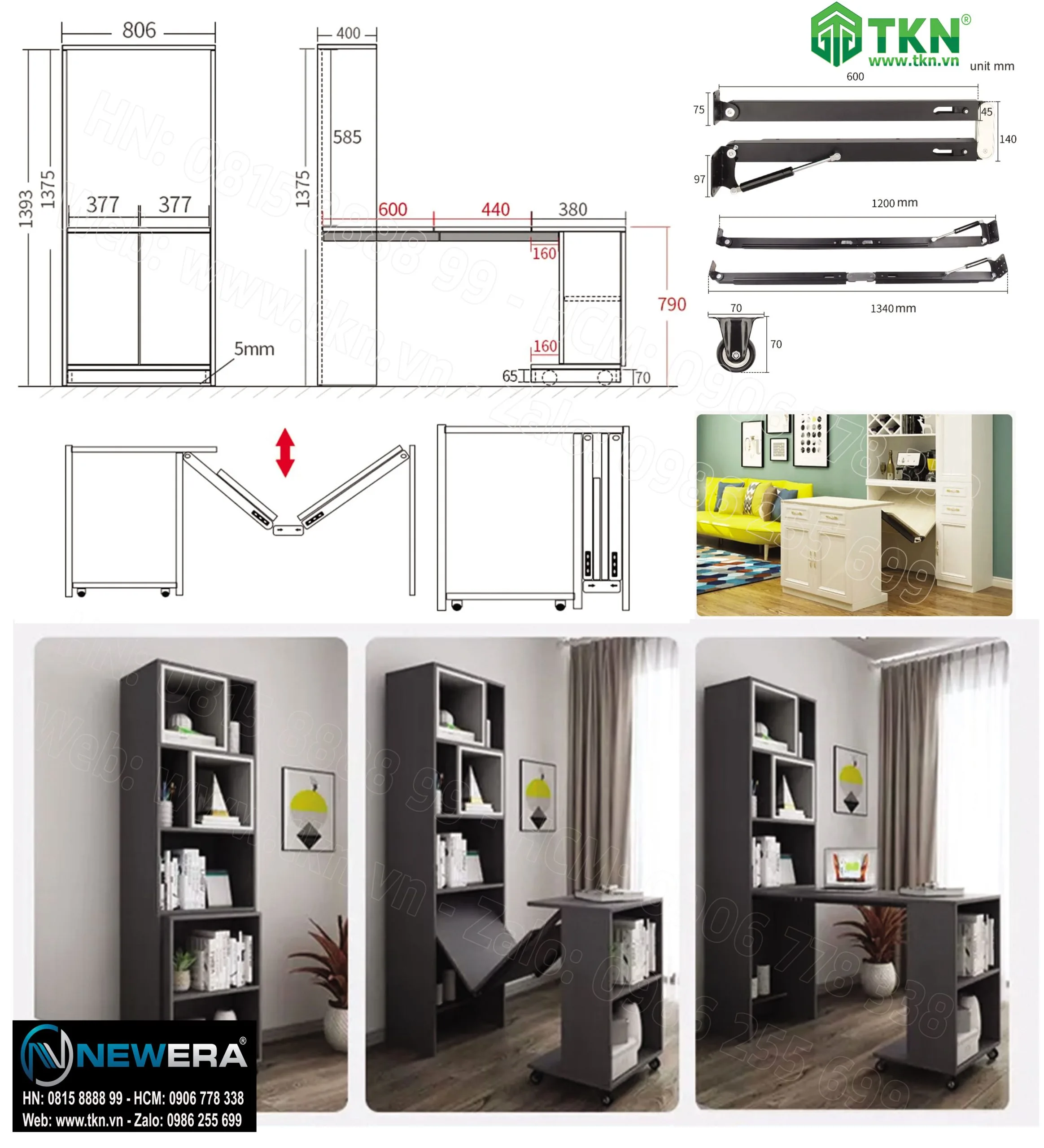 Phụ kiện bàn gấp âm tủ thông minh kéo dài gấp xuống NewEra NE4878.598.1200