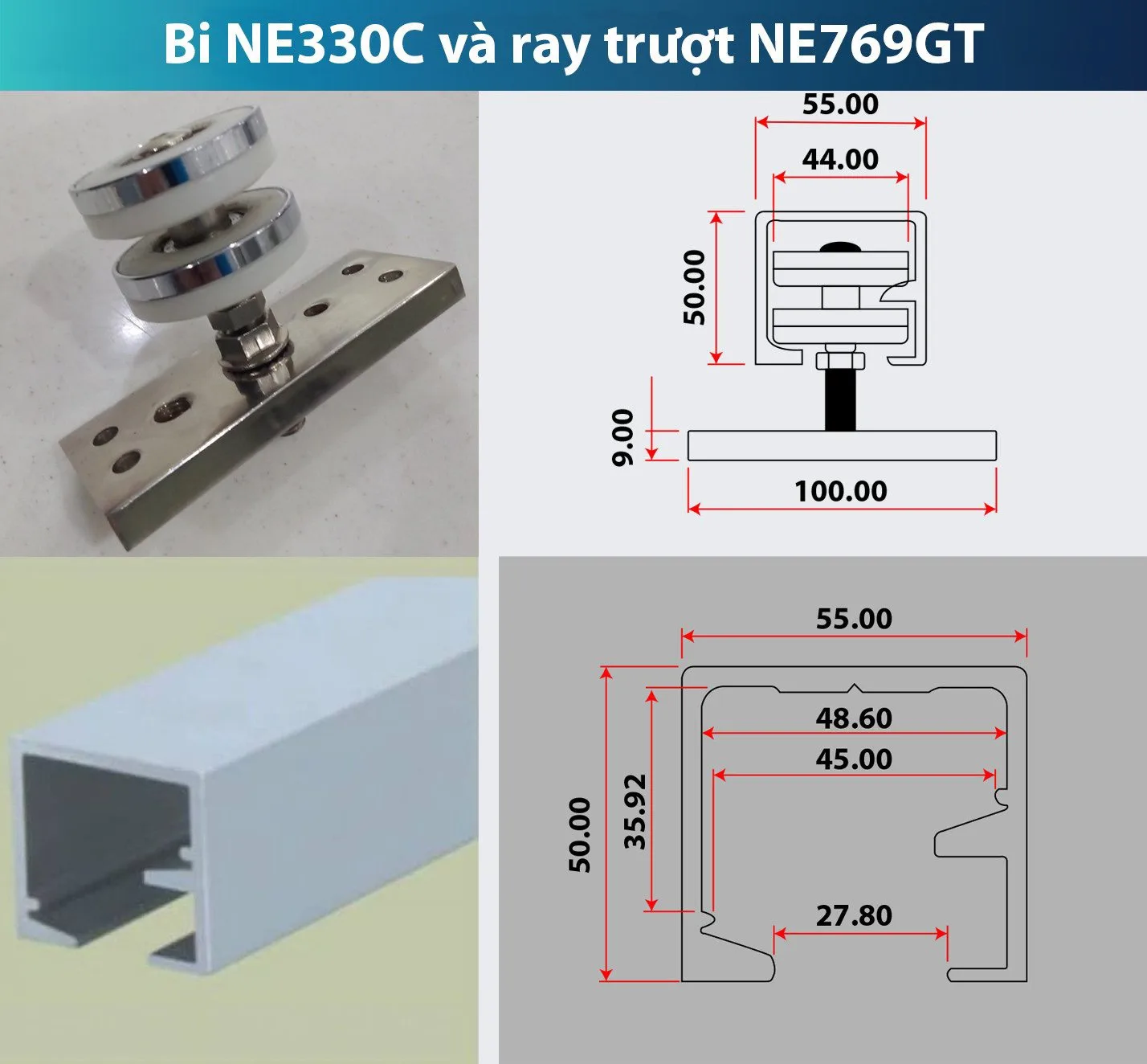 Bi trượt cửa gấp NewEra cánh lẻ tải trọng 100kg/cánh NE330CB-2