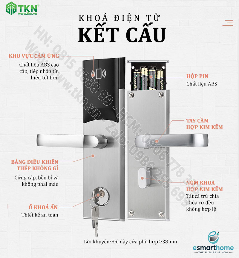 Khoá thẻ từ, chìa cơ eSmartHome màu inox ESH88HL808LSS 4