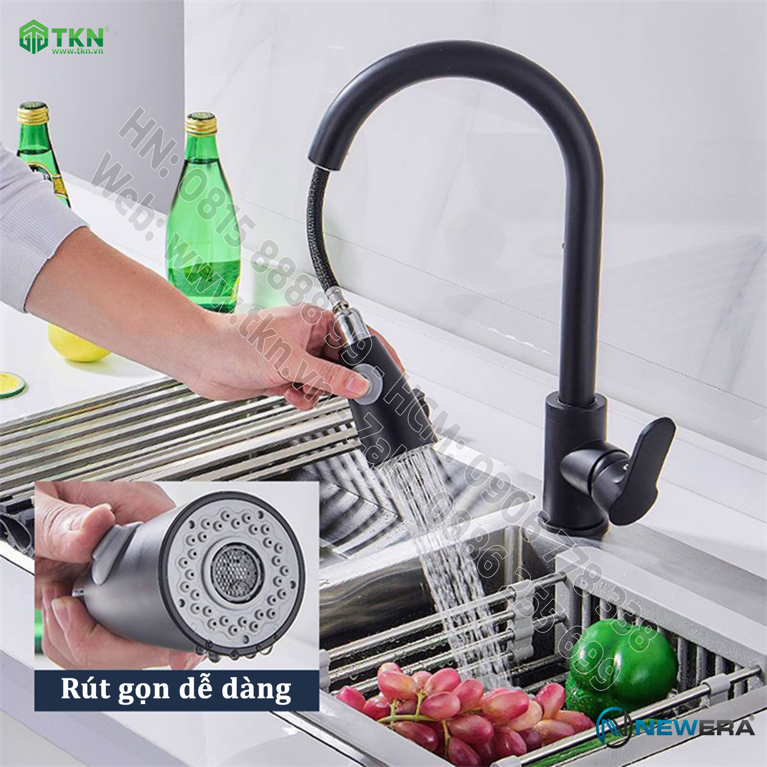 Vòi chậu rửa bếp NewEra inox 304 2 đường nóng lạnh NE304K15B màu đen 5